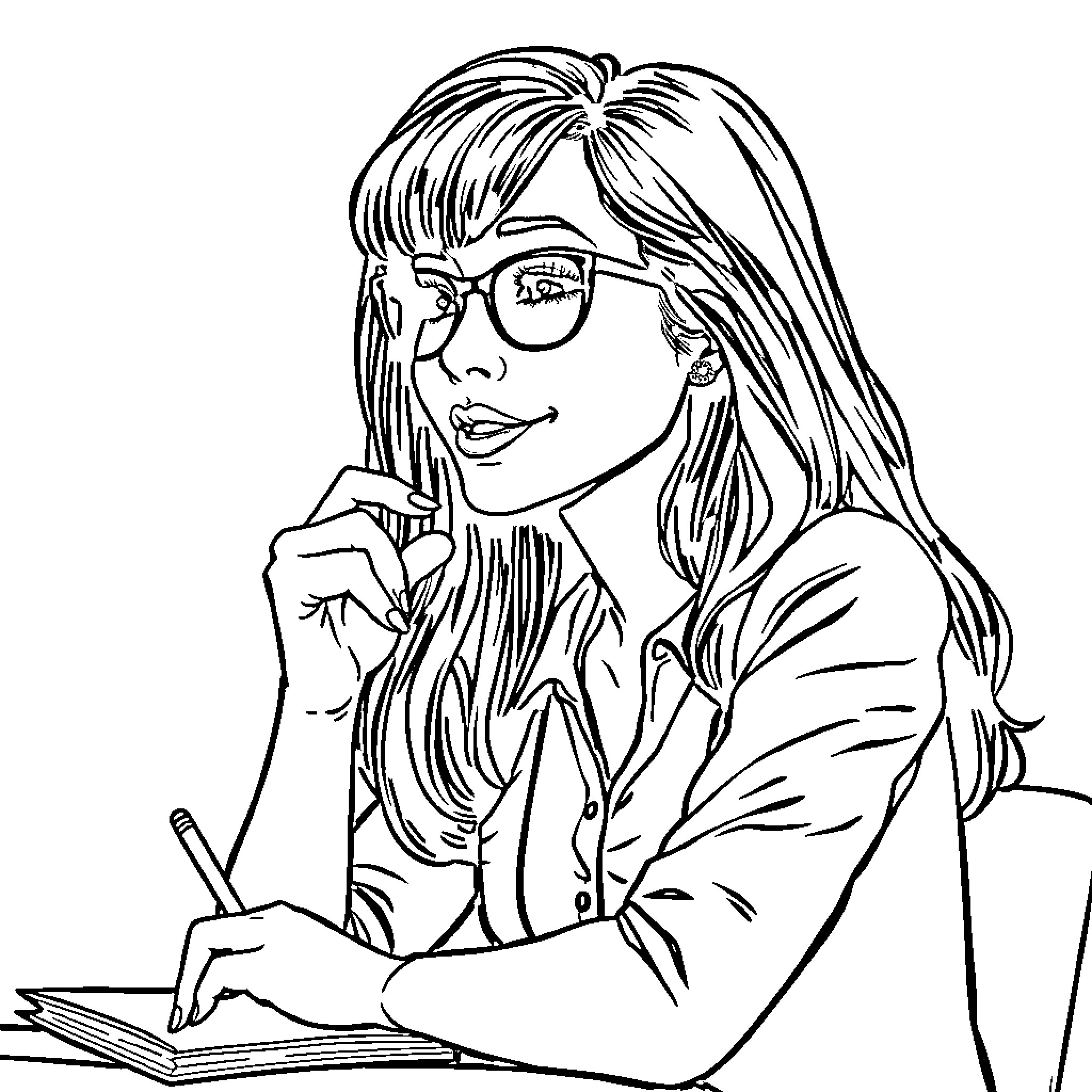 Professor deeply engrossed in writing Coloring Page (free black-and-white line drawing printable PDF for all, from beginners to advanced learners, including children, teens, adults, and seniors)