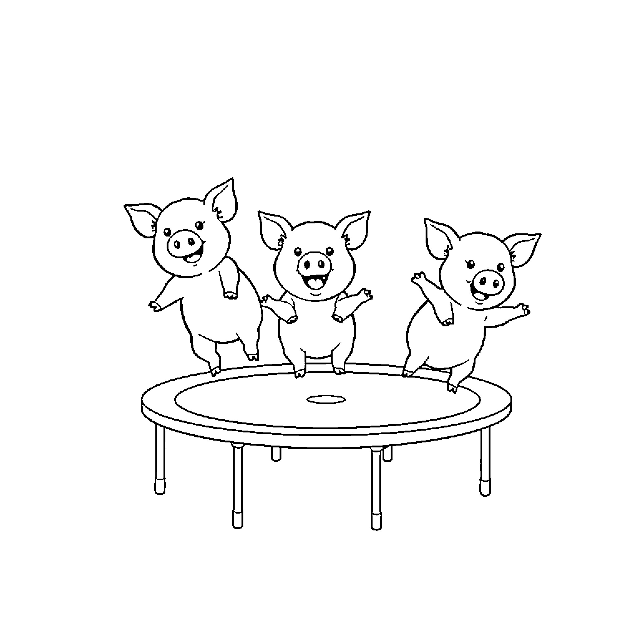Pigs bouncing happily on a trampoline Coloring Page (free black-and-white line drawing printable PDF for all, from beginners to advanced learners, including children, teens, adults, and seniors)