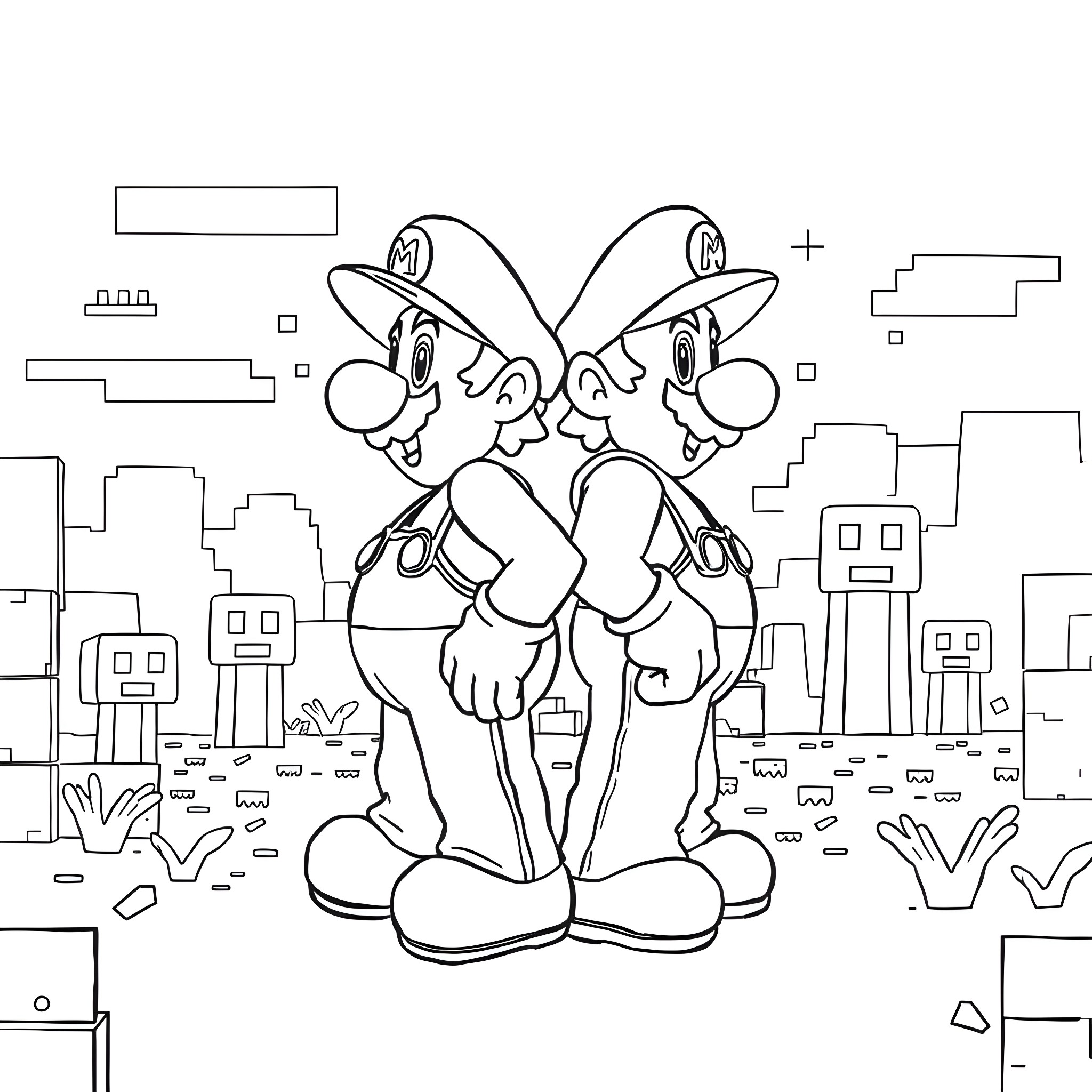 Mario Brothers in the City Adventure Coloring Page (free black-and-white line drawing printable PDF for all, from beginners to advanced learners, including children, teens, adults, and seniors)