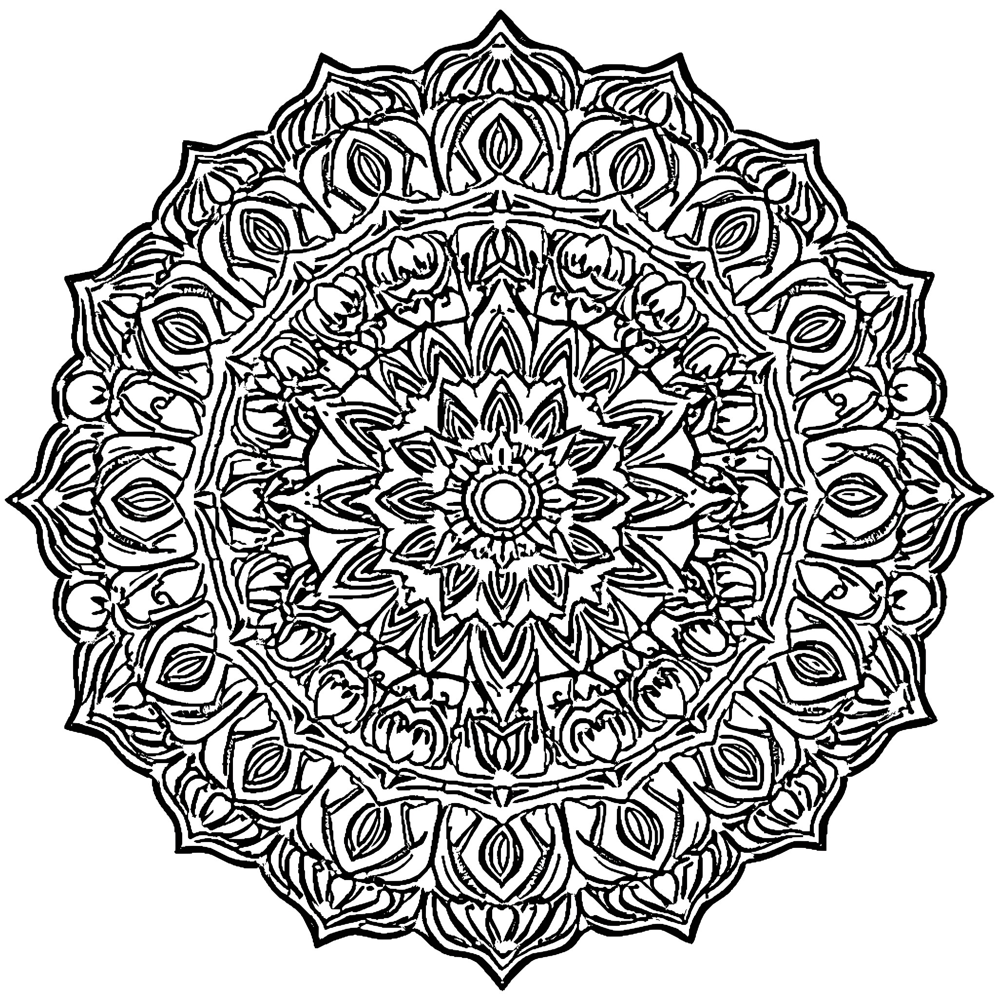 Mandala with intricate floral and geometric designs Coloring Page (free black-and-white line drawing printable PDF for all, from beginners to advanced learners, including children, teens, adults, and seniors)