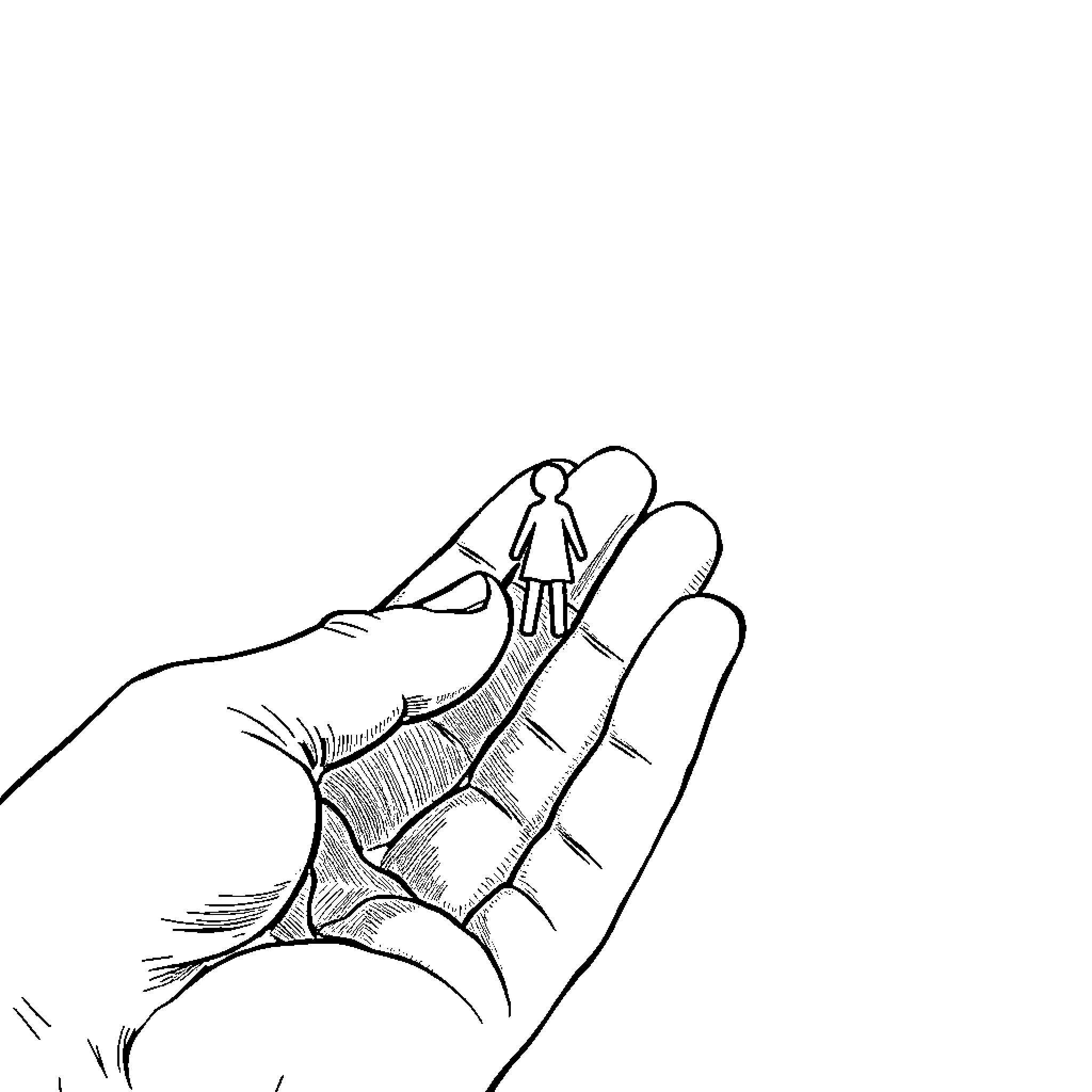 Hand holding tiny human figure Coloring Page (free black-and-white line drawing printable PDF for all, from beginners to advanced learners, including children, teens, adults, and seniors)