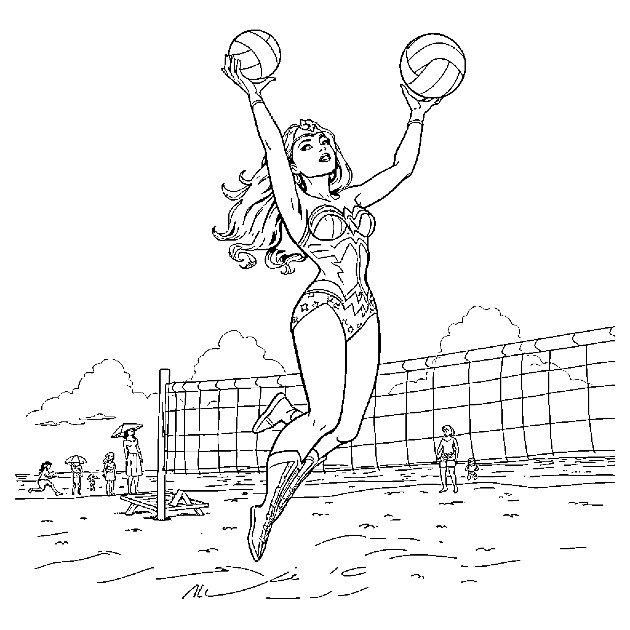Wonder Woman playing volleyball on the beach Coloring Page (free black-and-white line drawing printable PDF for all, from beginners to advanced learners, including children, teens, adults, and seniors)