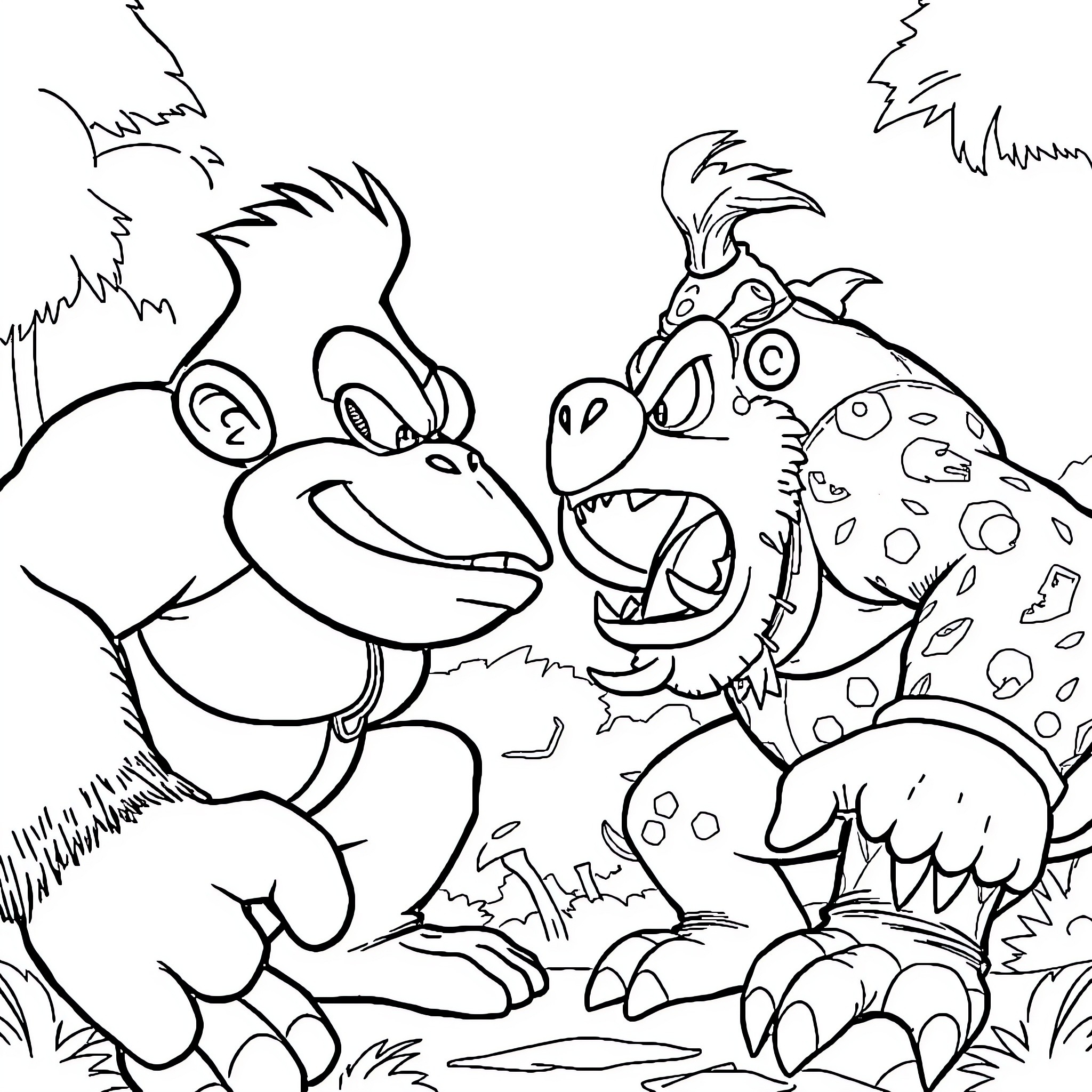 Donkey Kong and Friends Encounter a Fierce Creature Coloring Page (free black-and-white line drawing printable PDF for all, from beginners to advanced learners, including children, teens, adults, and seniors)