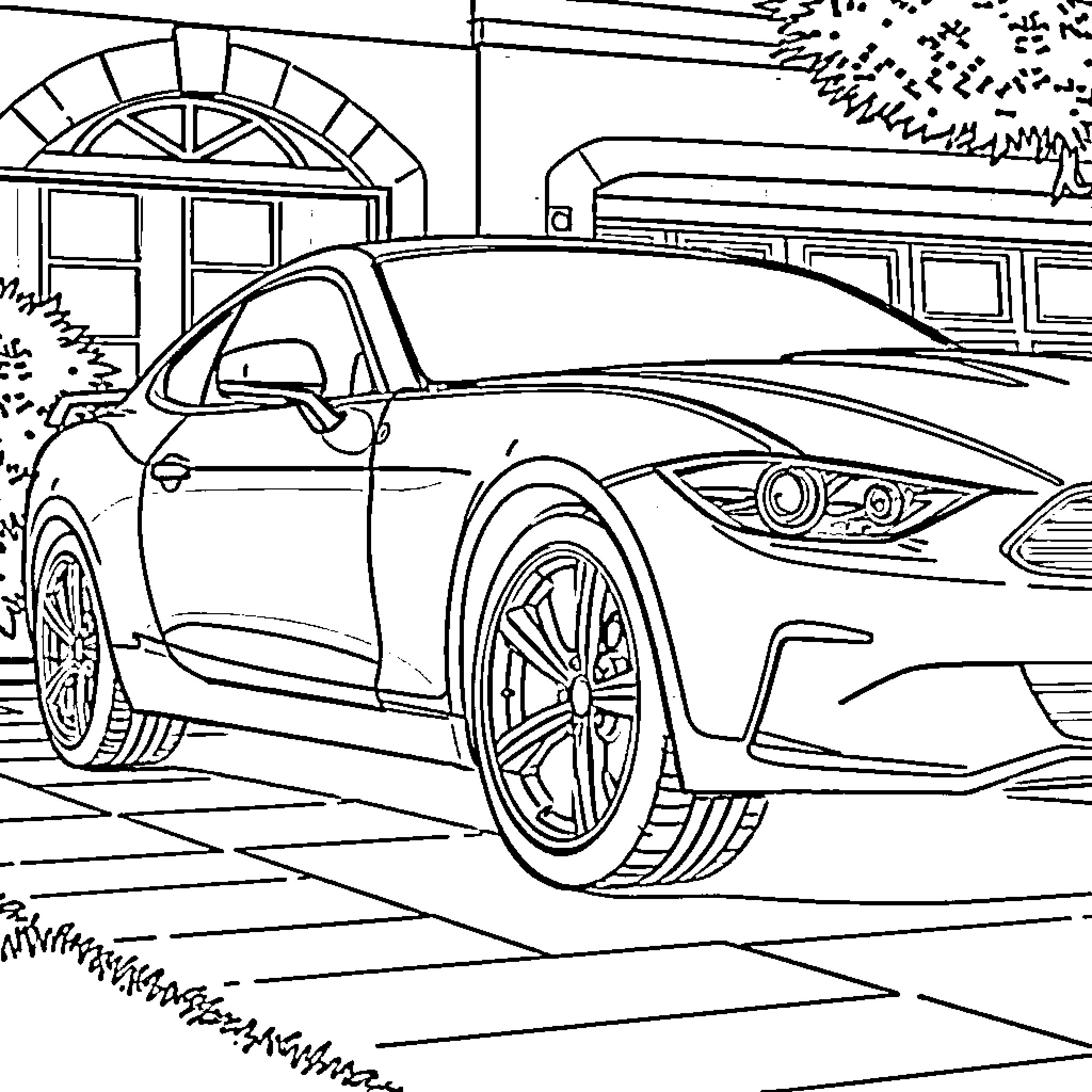Car parked outside building Coloring Page (free black-and-white line drawing printable PDF for all, from beginners to advanced learners, including children, teens, adults, and seniors)