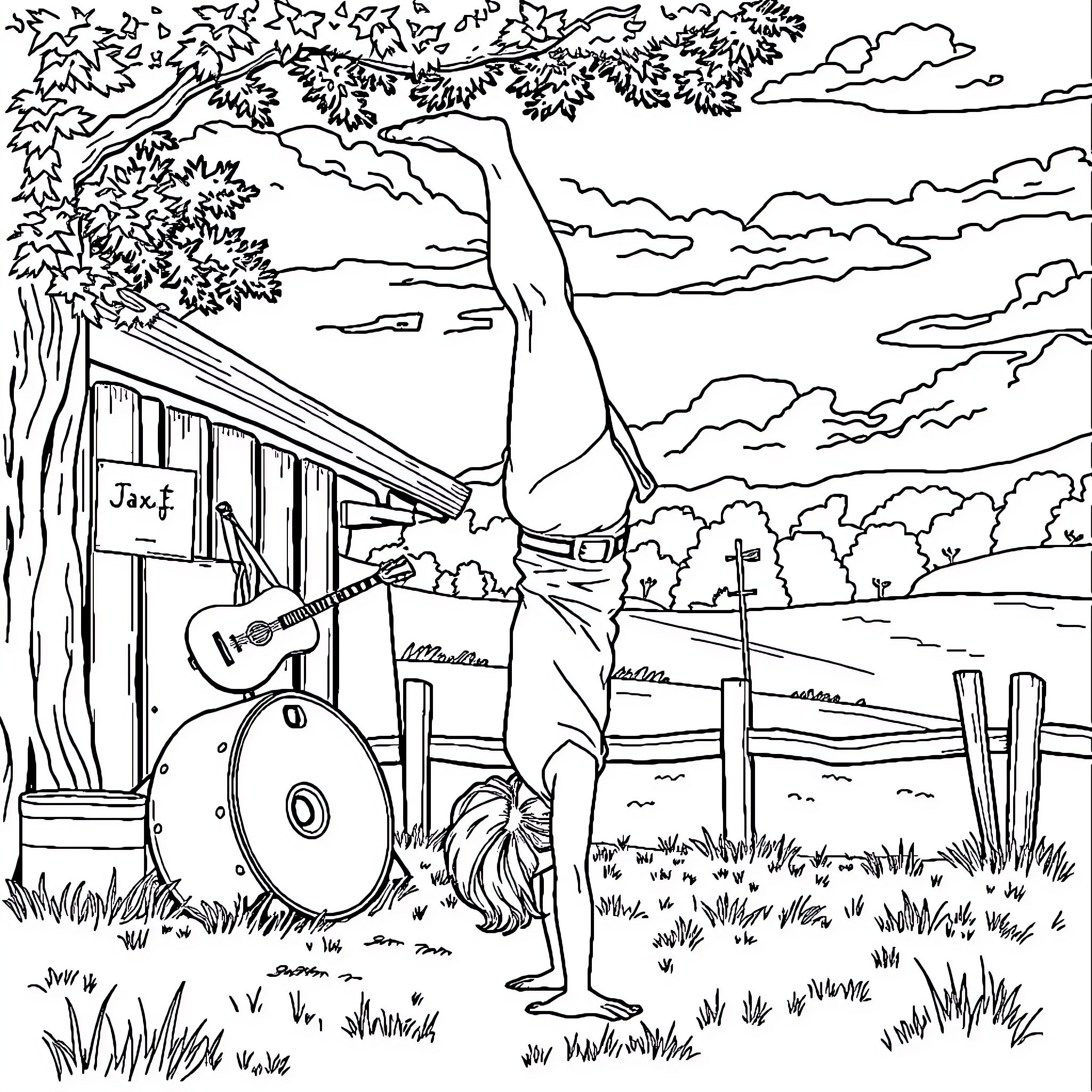 Woman Performing Yoga Pose in Outdoor Setting Coloring Page (free black-and-white line drawing printable PDF for all, from beginners to advanced learners, including children, teens, adults, and seniors)