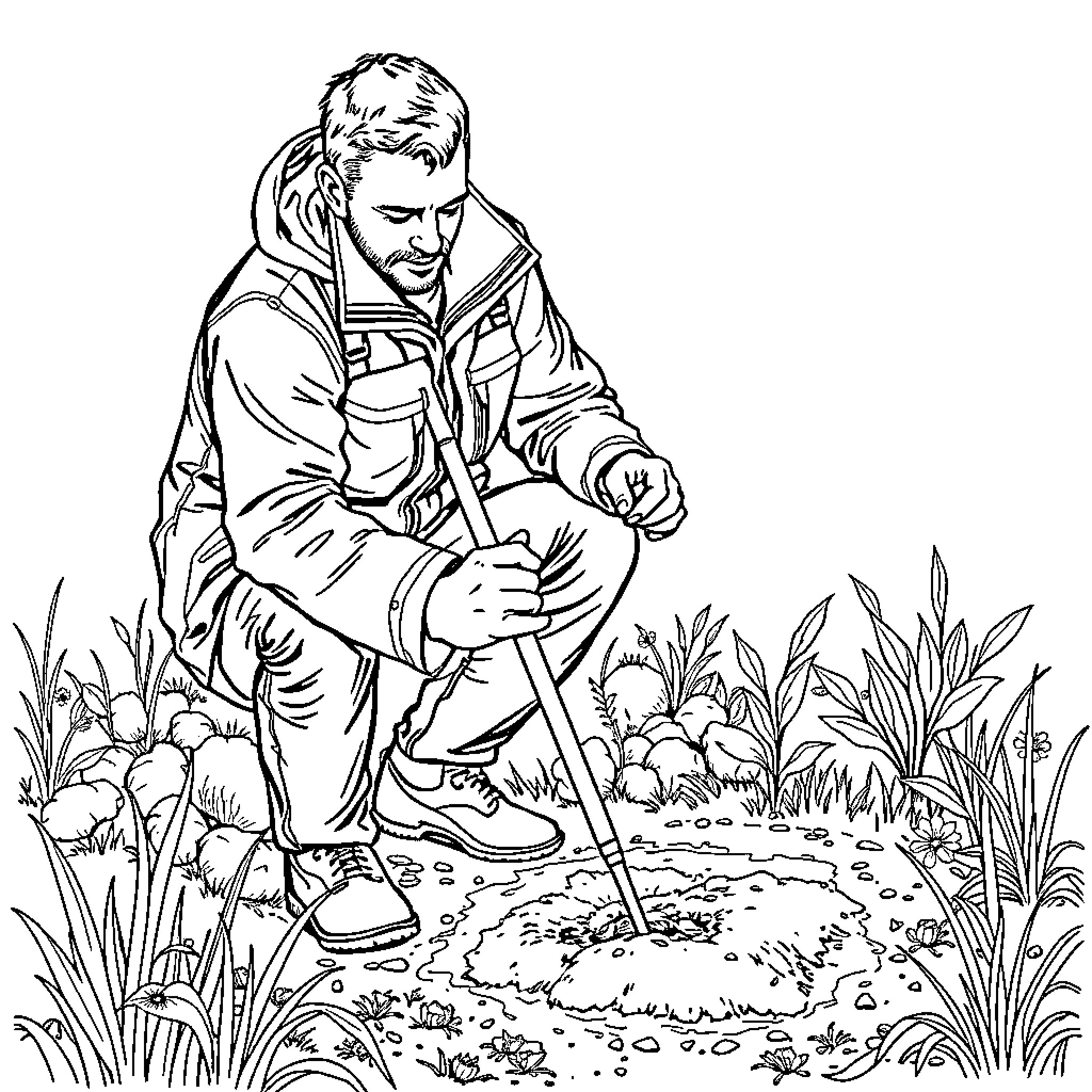 Man exploring nature with walking stick Coloring Page (free black-and-white line drawing printable PDF for all, from beginners to advanced learners, including children, teens, adults, and seniors)