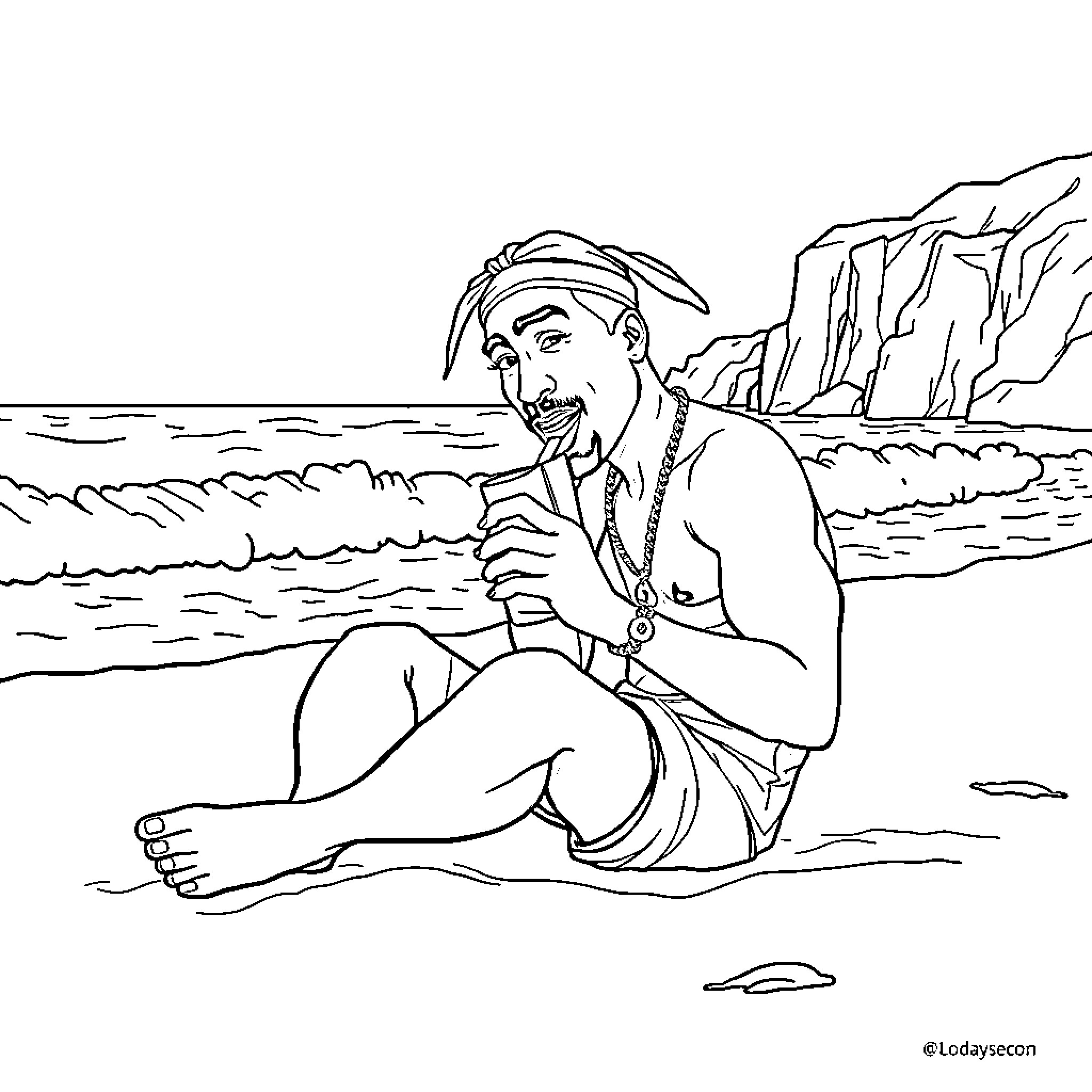 Tupac relaxing on the beach Coloring Page (free black-and-white line drawing printable PDF for all, from beginners to advanced learners, including children, teens, adults, and seniors)