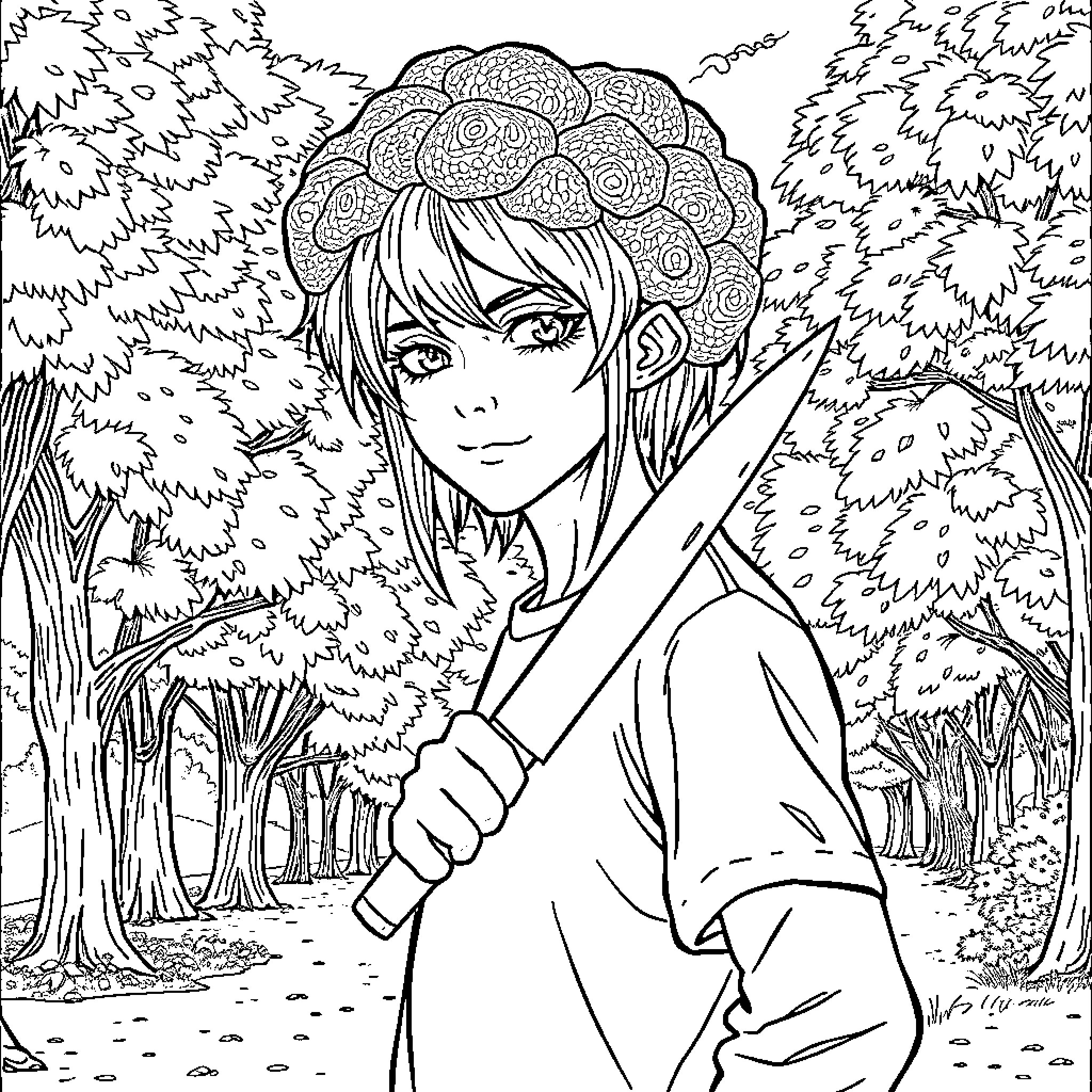 Broccoli girl in the forest Coloring Page (free black-and-white line drawing printable PDF for all, from beginners to advanced learners, including children, teens, adults, and seniors)
