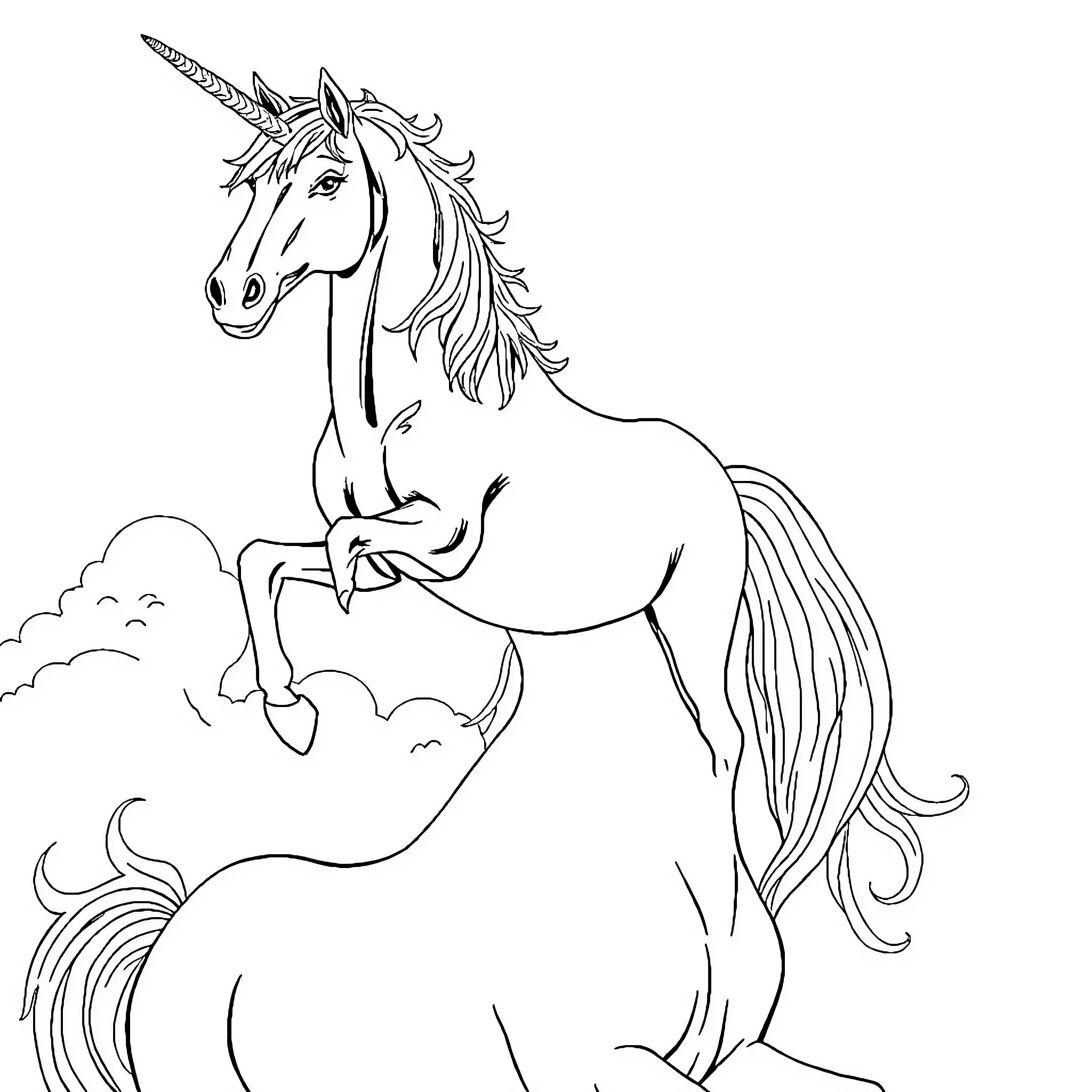 Horse galloping gracefully through the clouds Coloring Page (free black-and-white line drawing printable PDF for all, from beginners to advanced learners, including children, teens, adults, and seniors)