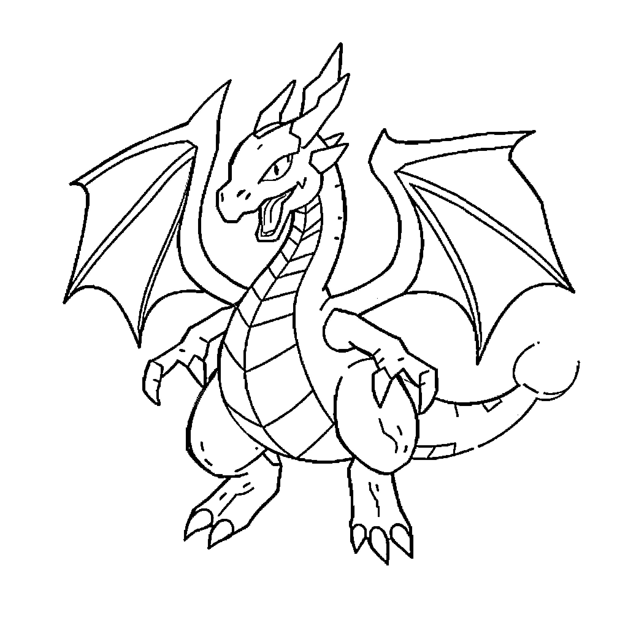 Dracaufeu in battle-ready pose Coloring Page (free black-and-white line drawing printable PDF for all, from beginners to advanced learners, including children, teens, adults, and seniors)