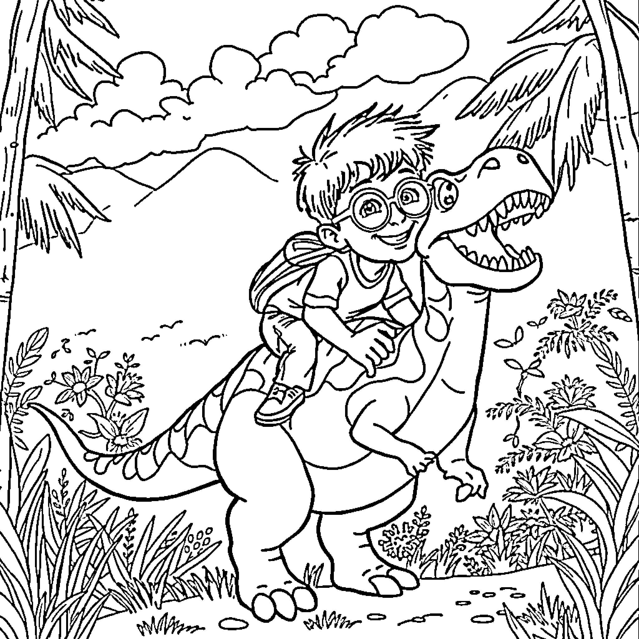 Boy playing with a friendly dinosaur in a jungle scene Coloring Page (free black-and-white line drawing printable PDF for all, from beginners to advanced learners, including children, teens, adults, and seniors)