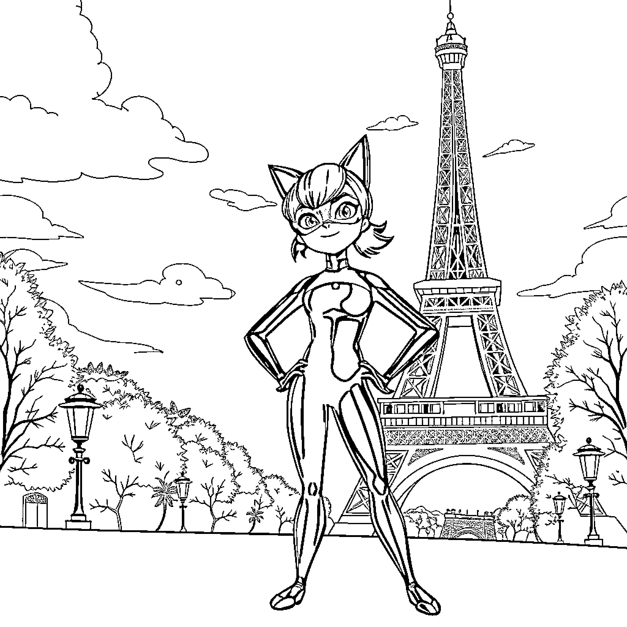 Miraculous Ladybug's Parisian Adventure Coloring Page (free black-and-white line drawing printable PDF for all, from beginners to advanced learners, including children, teens, adults, and seniors)