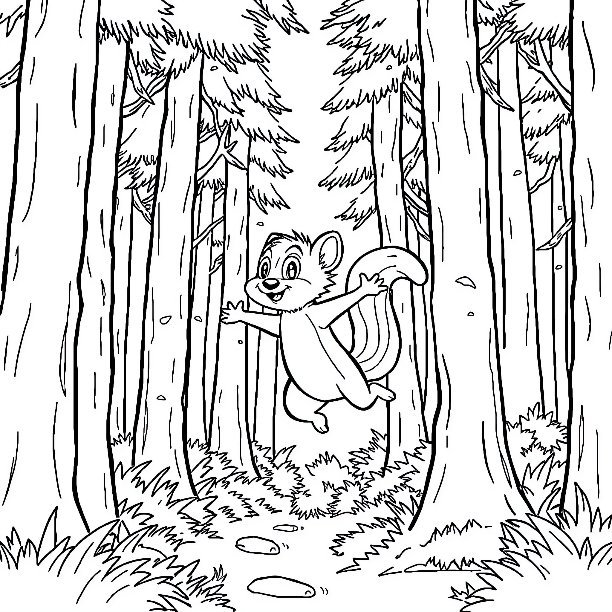 Forest animal enjoying peaceful stroll in the woods Coloring Page (free black-and-white line drawing printable PDF for all, from beginners to advanced learners, including children, teens, adults, and seniors)