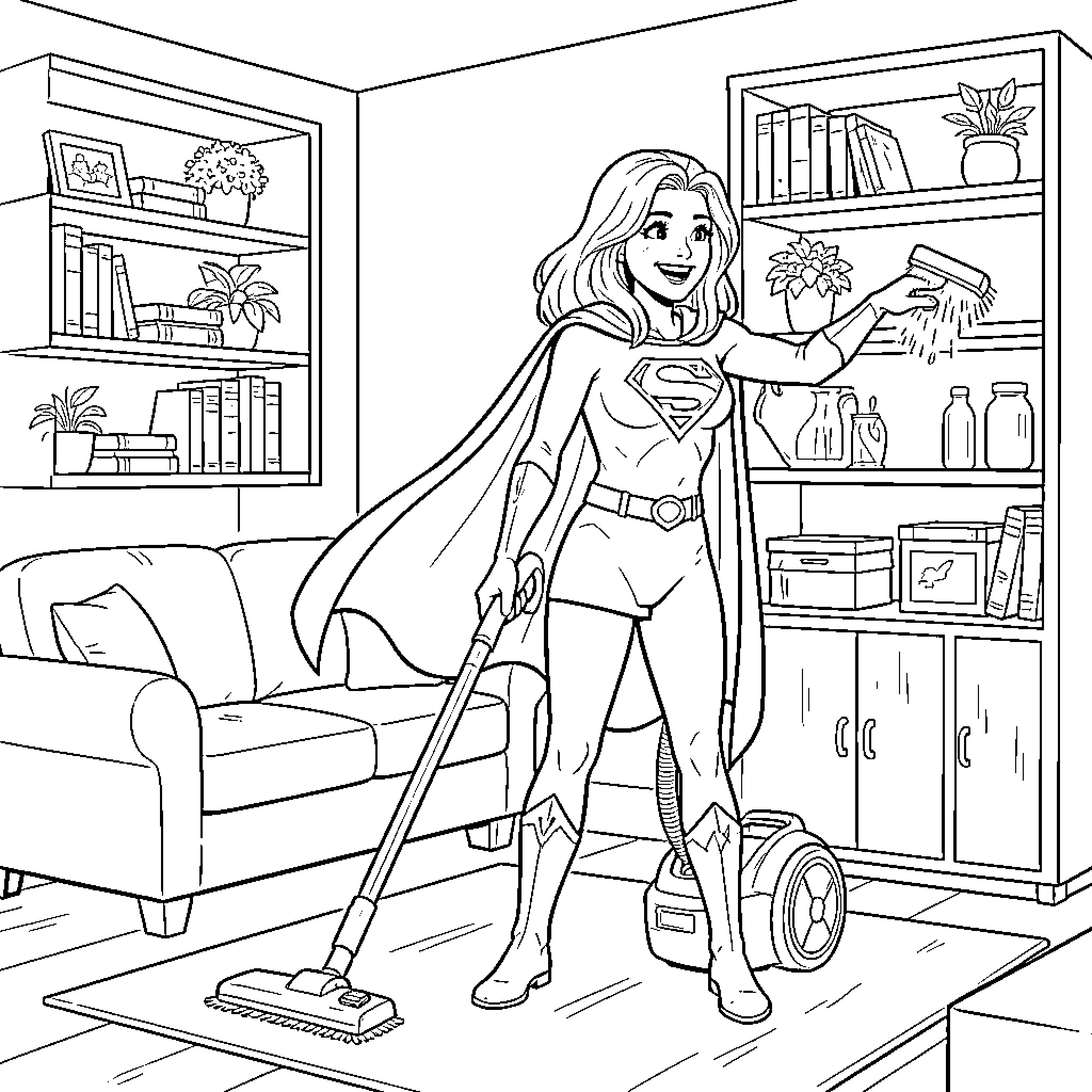 Superwoman's Super-Cleaning Duties Coloring Page (free black-and-white line drawing printable PDF for all, from beginners to advanced learners, including children, teens, adults, and seniors)