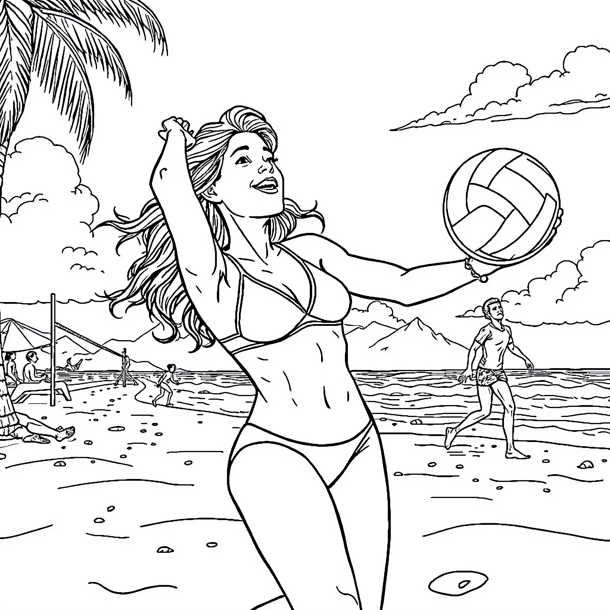 Sydney Sweeney enjoying a beach volleyball game Coloring Page (free black-and-white line drawing printable PDF for all, from beginners to advanced learners, including children, teens, adults, and seniors)