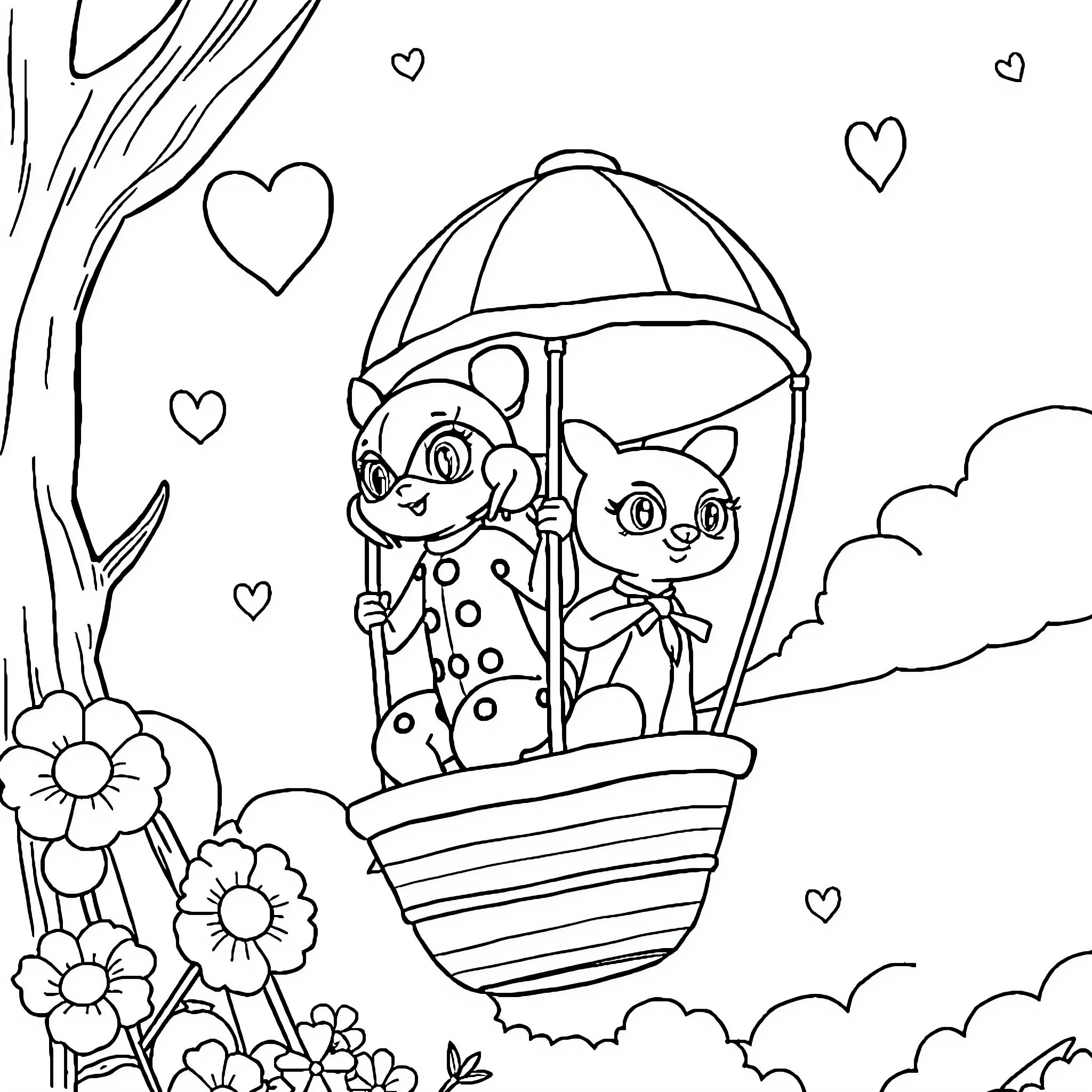 Ladybug friends enjoying a ride in a hot air balloon Coloring Page (free black-and-white line drawing printable PDF for all, from beginners to advanced learners, including children, teens, adults, and seniors)