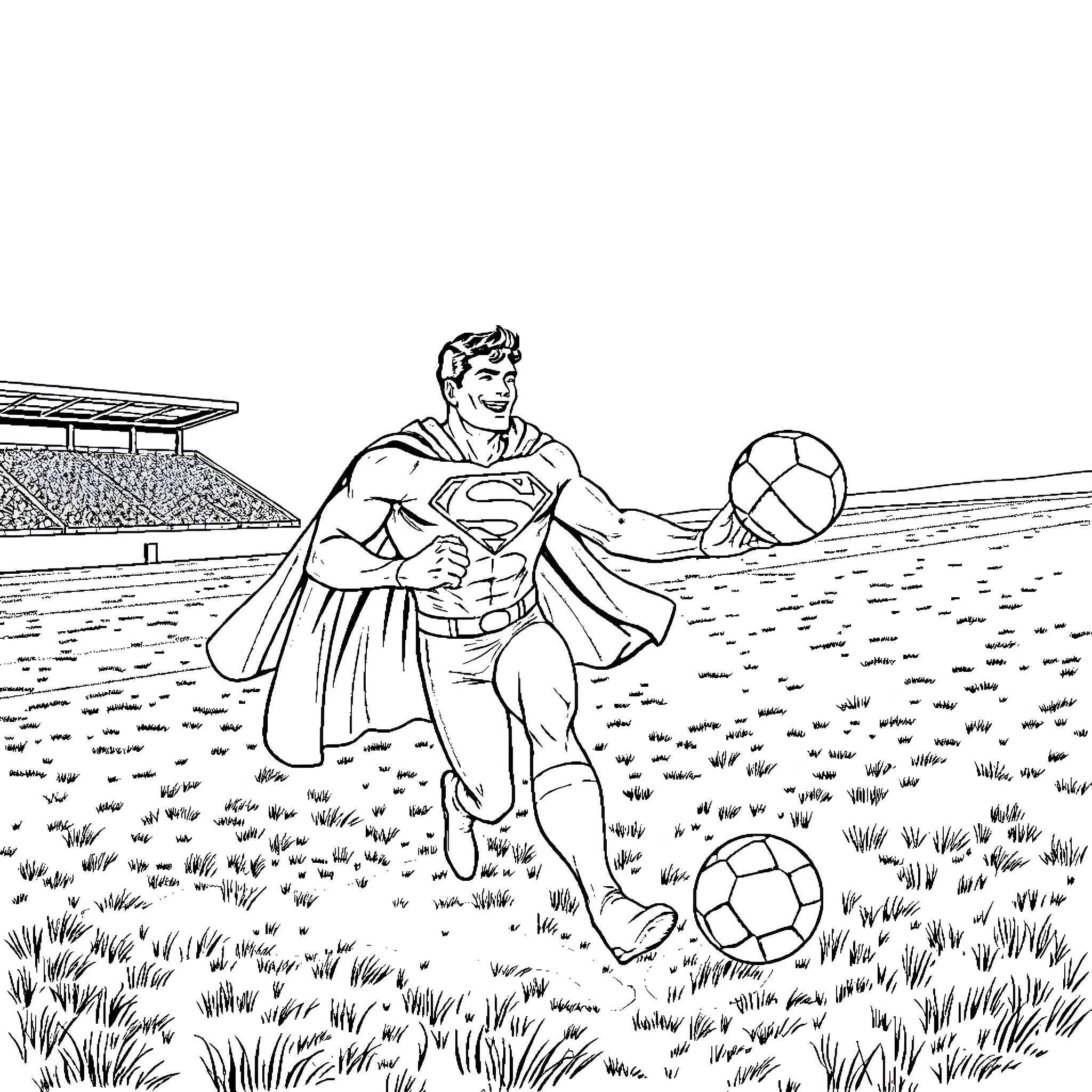 Superman playing football on the field Coloring Page (free black-and-white line drawing printable PDF for all, from beginners to advanced learners, including children, teens, adults, and seniors)