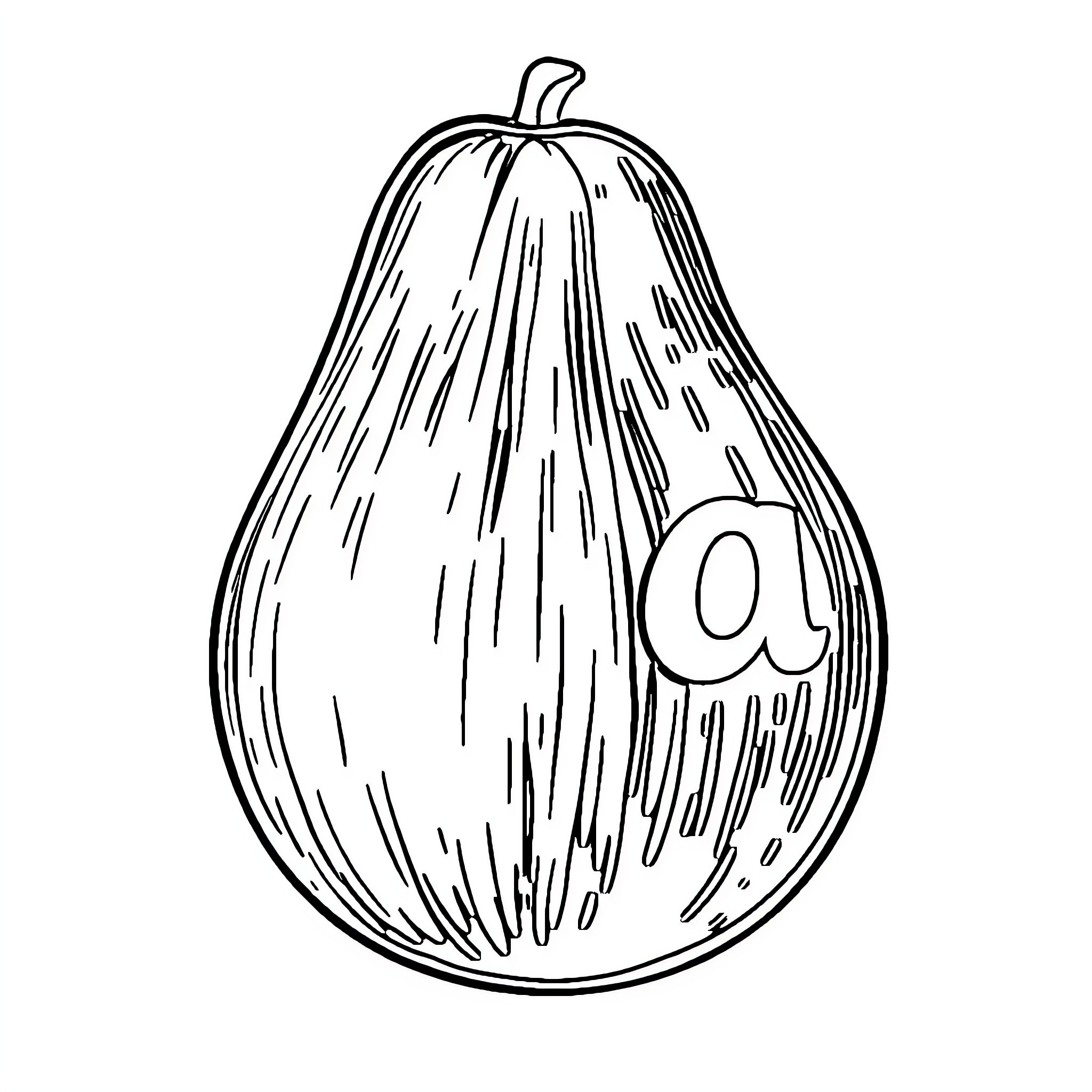 Avocado with stylized letter Coloring Page (free black-and-white line drawing printable PDF for all, from beginners to advanced learners, including children, teens, adults, and seniors)