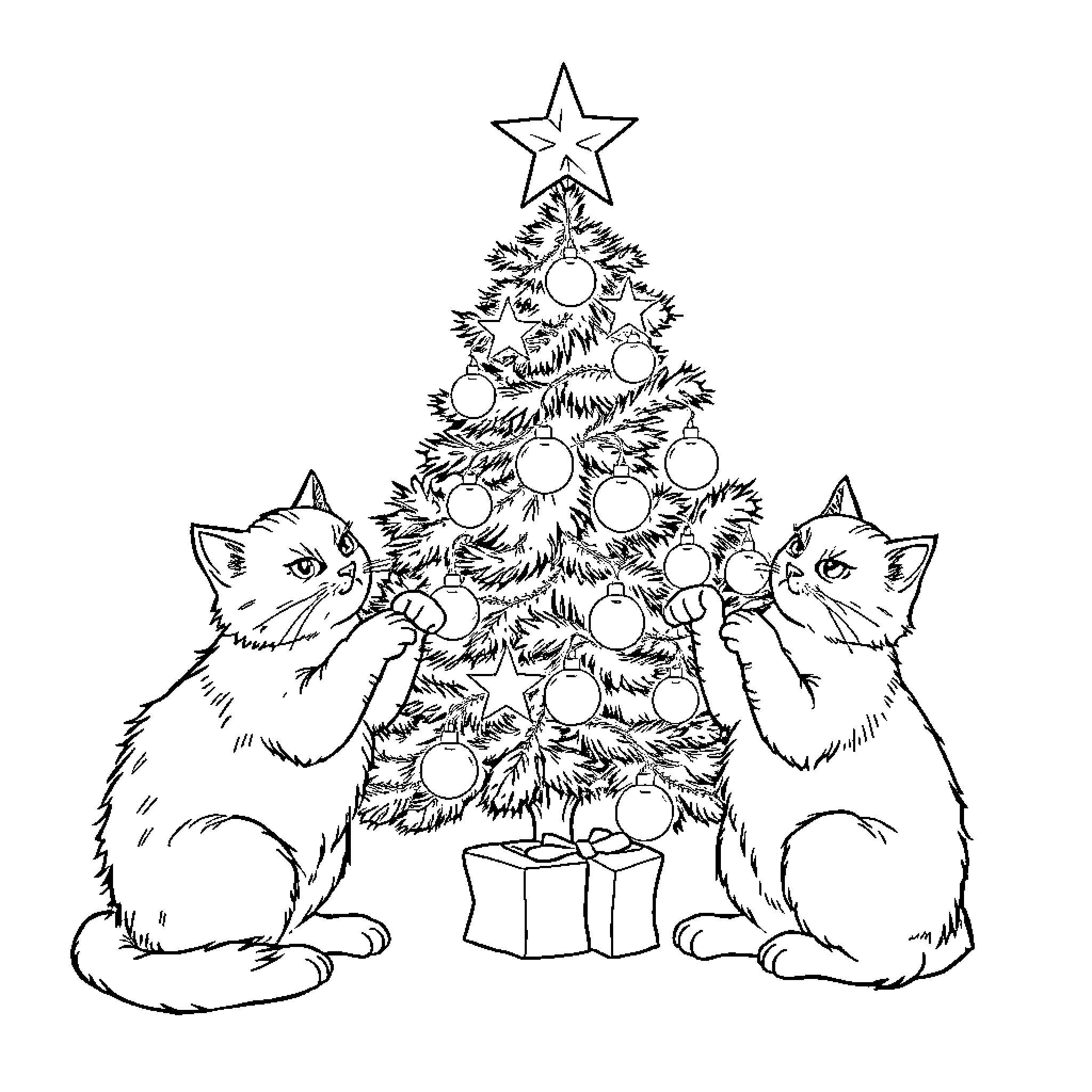 Cats Admiring the Christmas Tree Coloring Page (free black-and-white line drawing printable PDF for all, from beginners to advanced learners, including children, teens, adults, and seniors)