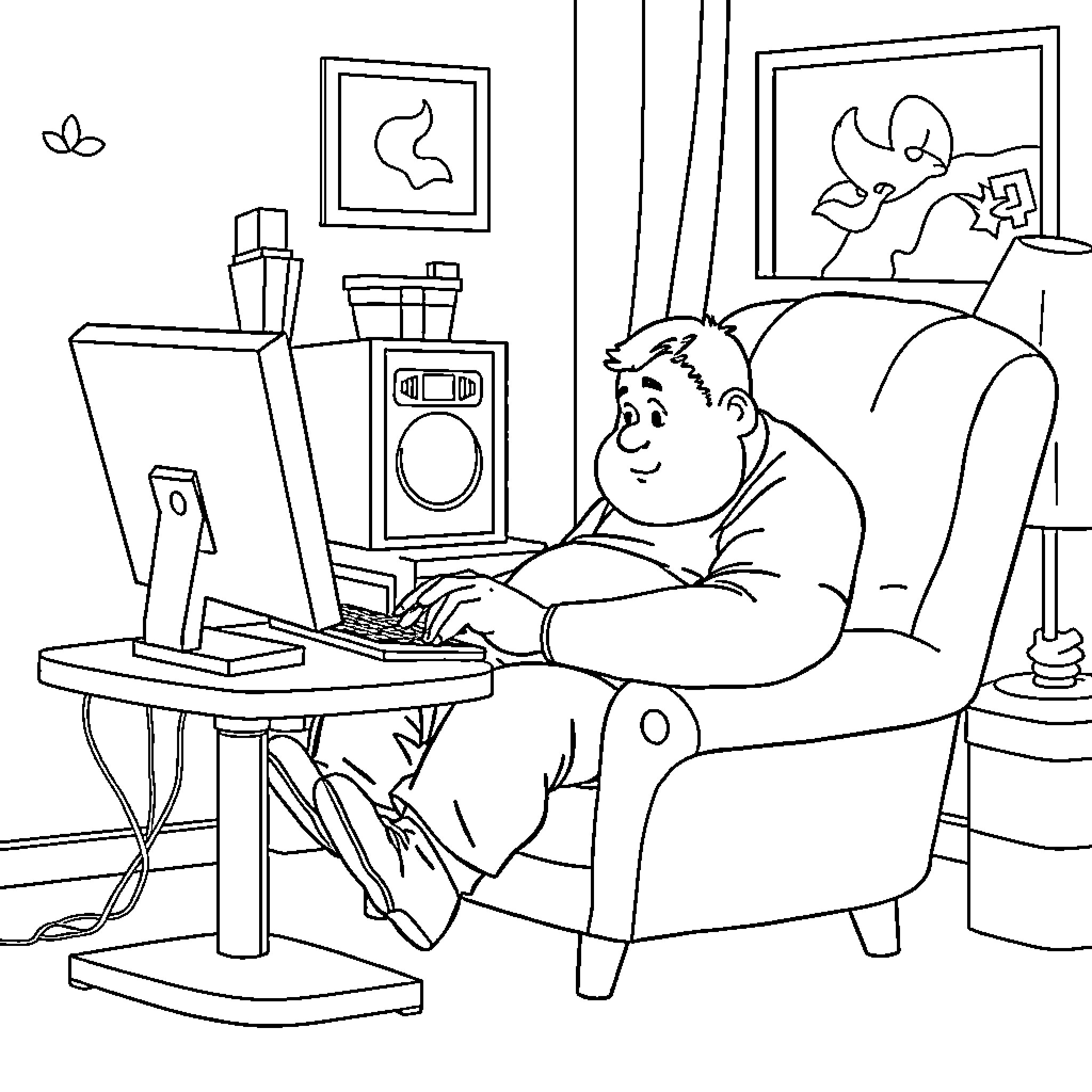 Guy working on computer in cozy living room Coloring Page (free black-and-white line drawing printable PDF for all, from beginners to advanced learners, including children, teens, adults, and seniors)