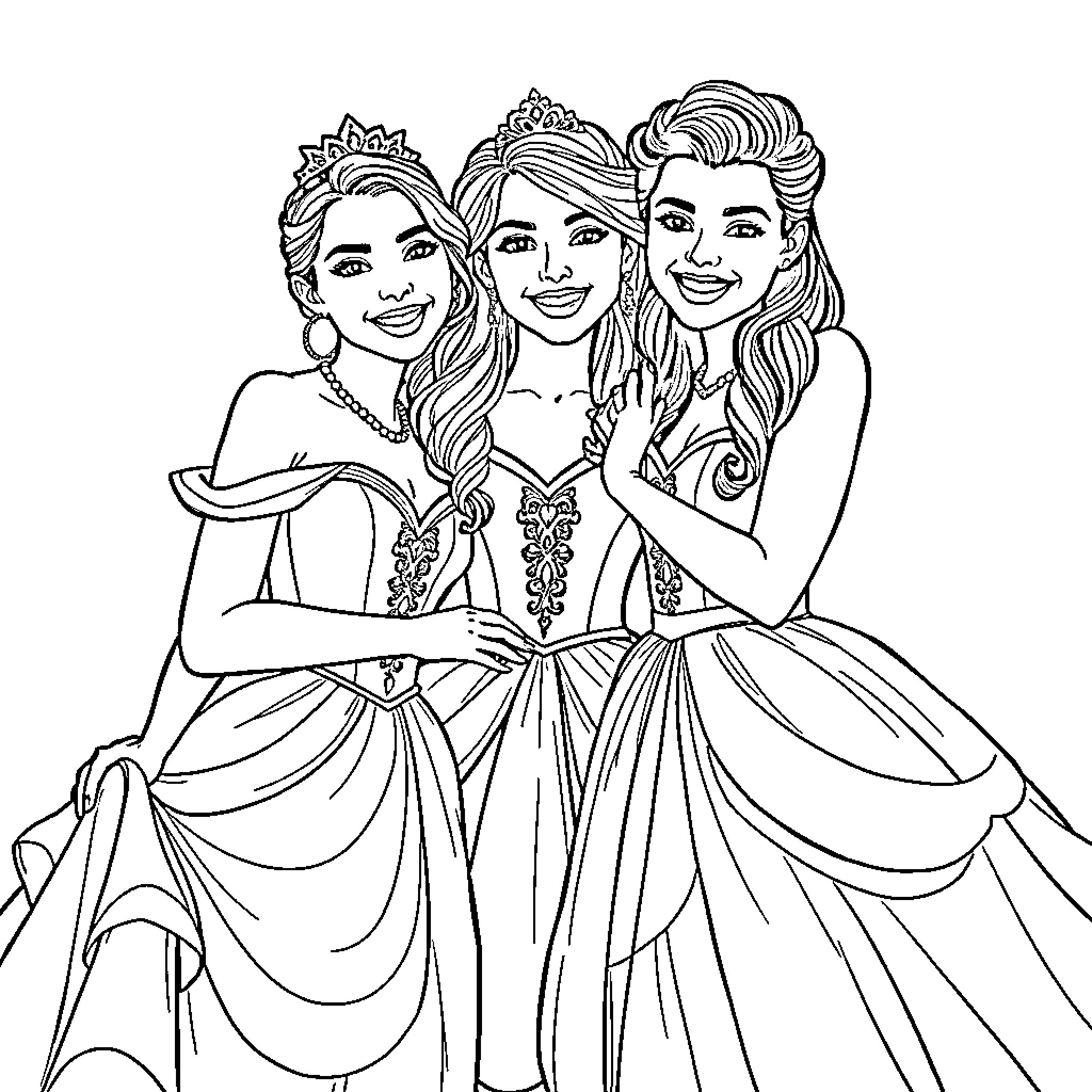 Jonas Brothers Royal Family Portrait Coloring Page (free black-and-white line drawing printable PDF for all, from beginners to advanced learners, including children, teens, adults, and seniors)
