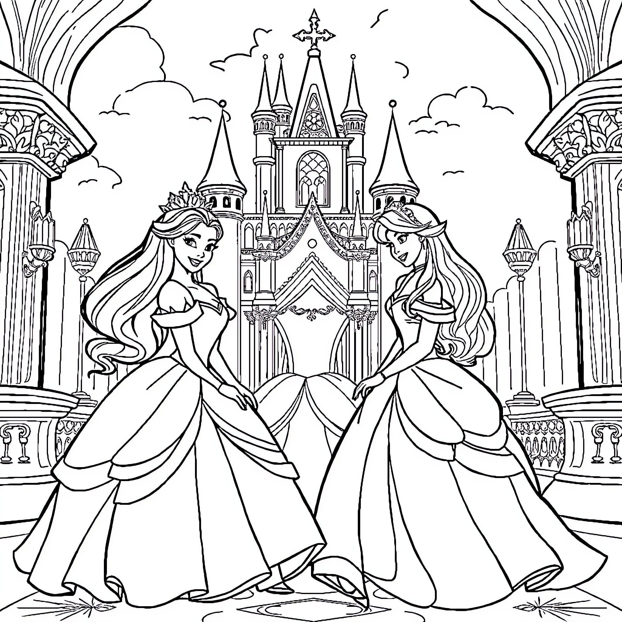 Princess enjoying a grand castle scene with friend Coloring Page (free black-and-white line drawing printable PDF for all, from beginners to advanced learners, including children, teens, adults, and seniors)
