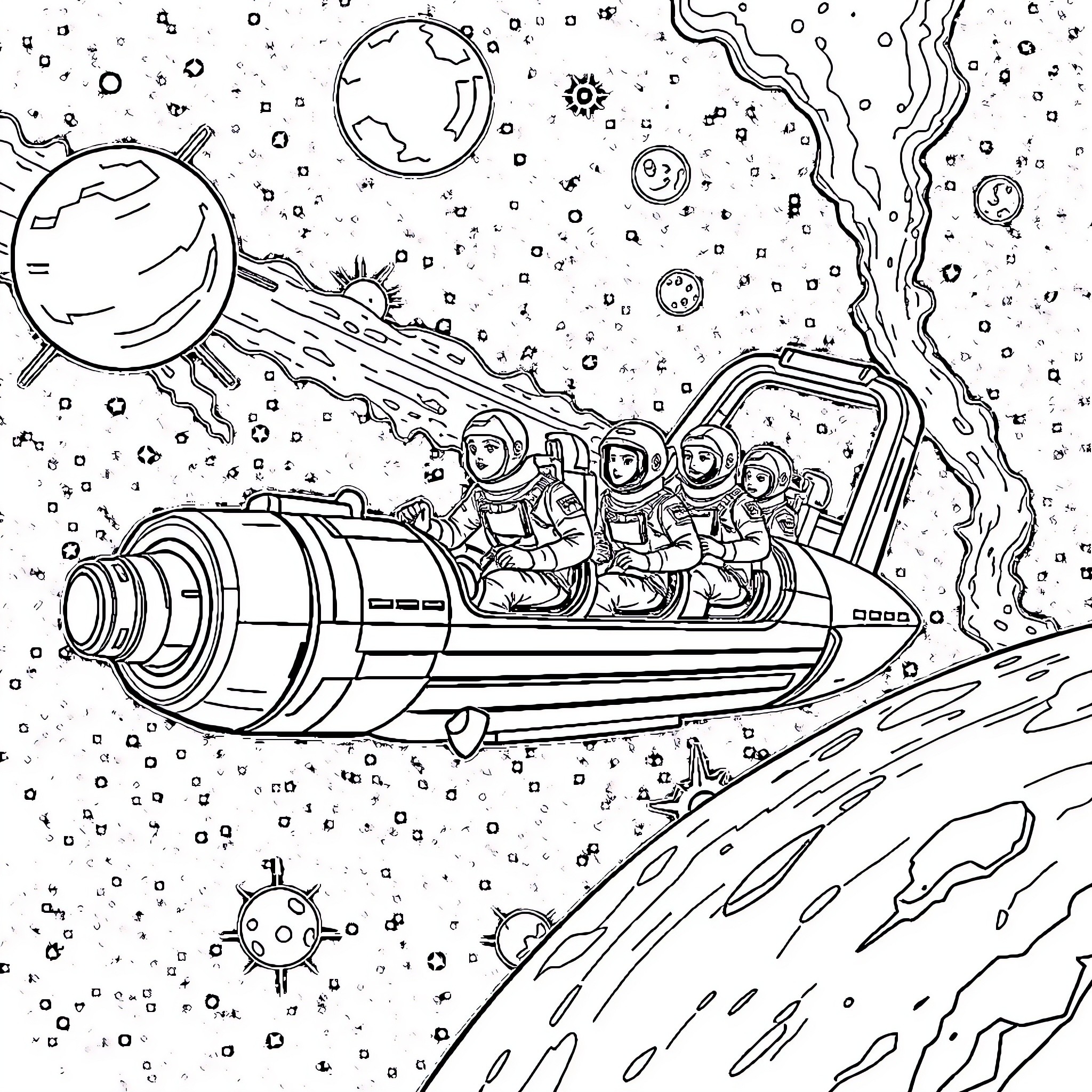 Star Trek: Cosmic Voyage through the Galactic Expanse Coloring Page (free black-and-white line drawing printable PDF for all, from beginners to advanced learners, including children, teens, adults, and seniors)