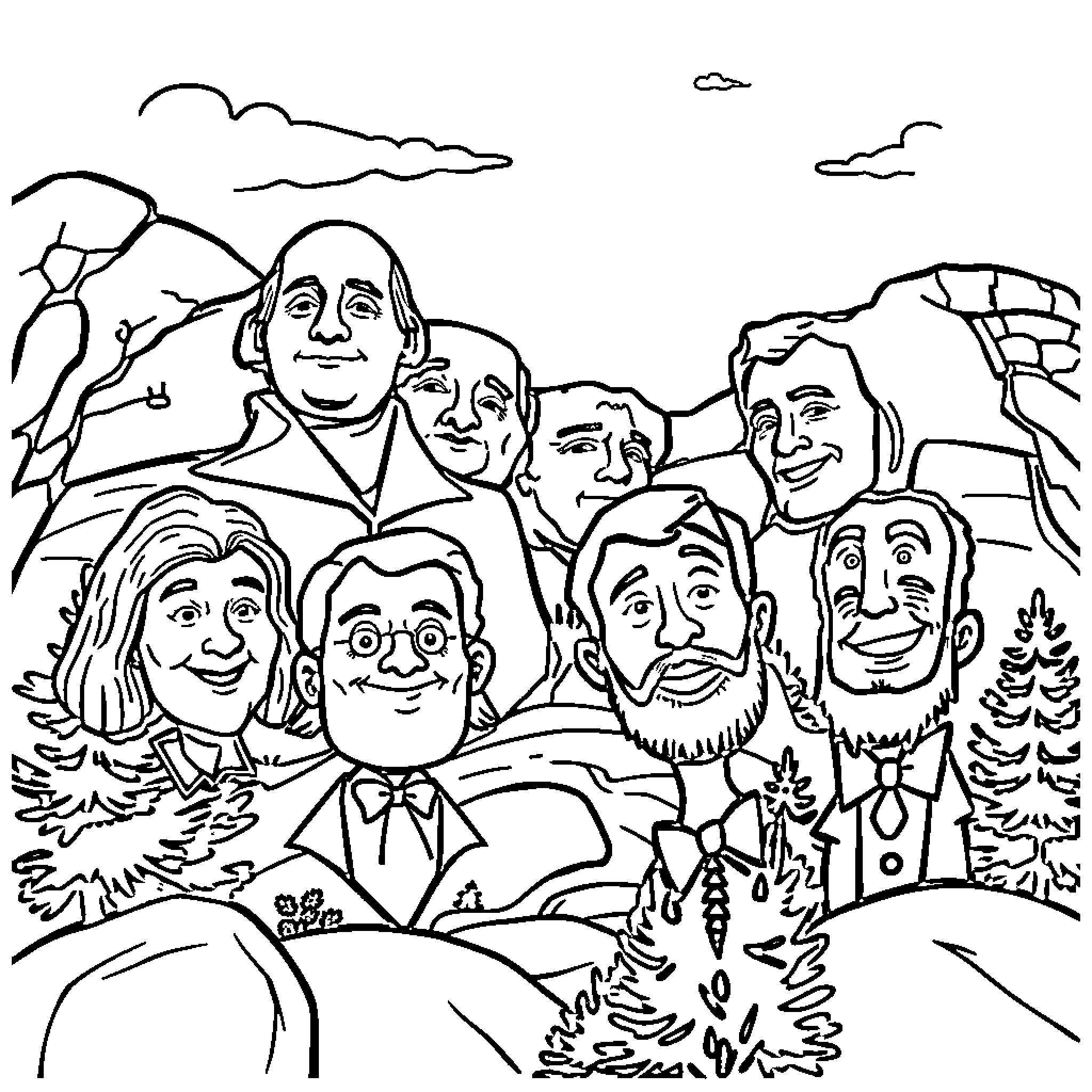 Mount Rushmore Presidents Pose for a Group Photo Coloring Page (free black-and-white line drawing printable PDF for all, from beginners to advanced learners, including children, teens, adults, and seniors)