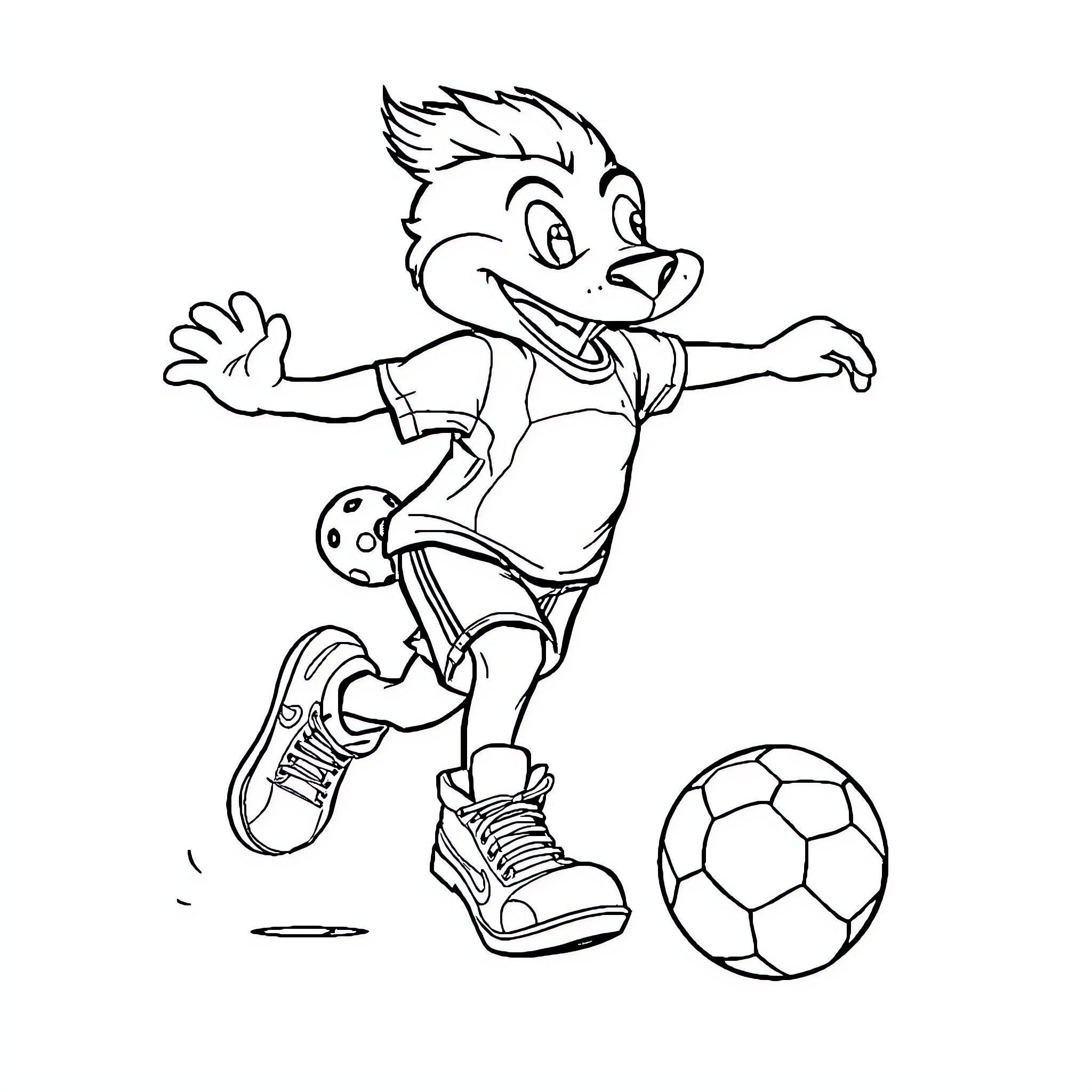 Tiburon playing soccer joyfully Coloring Page (free black-and-white line drawing printable PDF for all, from beginners to advanced learners, including children, teens, adults, and seniors)