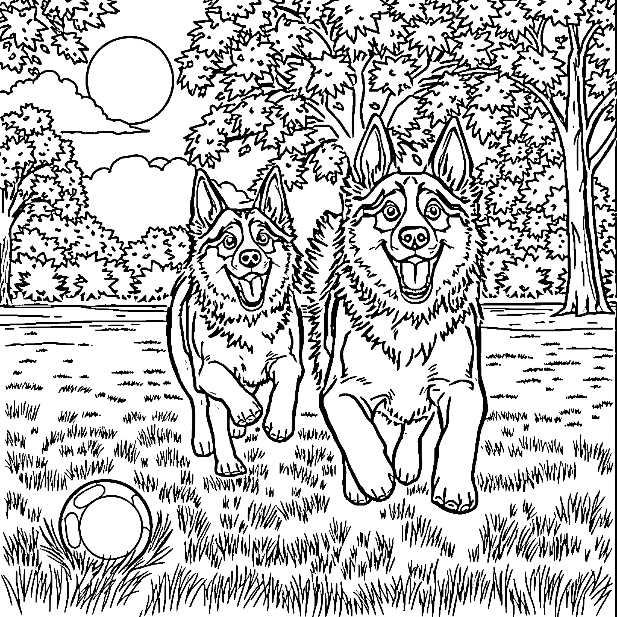Husky dogs playing happily in nature Coloring Page (free black-and-white line drawing printable PDF for all, from beginners to advanced learners, including children, teens, adults, and seniors)