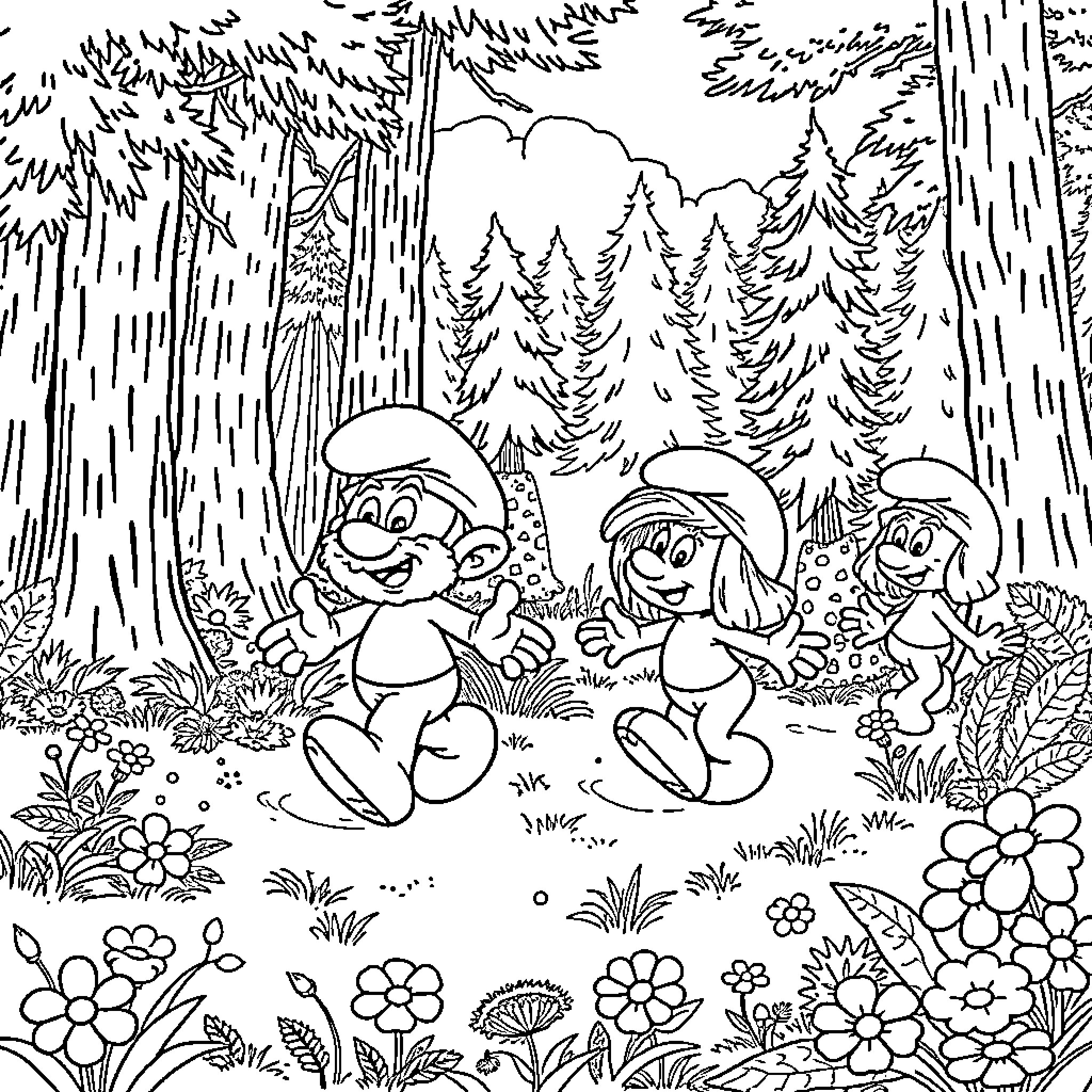 Smurf picnic in the enchanted forest Coloring Page (free black-and-white line drawing printable PDF for all, from beginners to advanced learners, including children, teens, adults, and seniors)