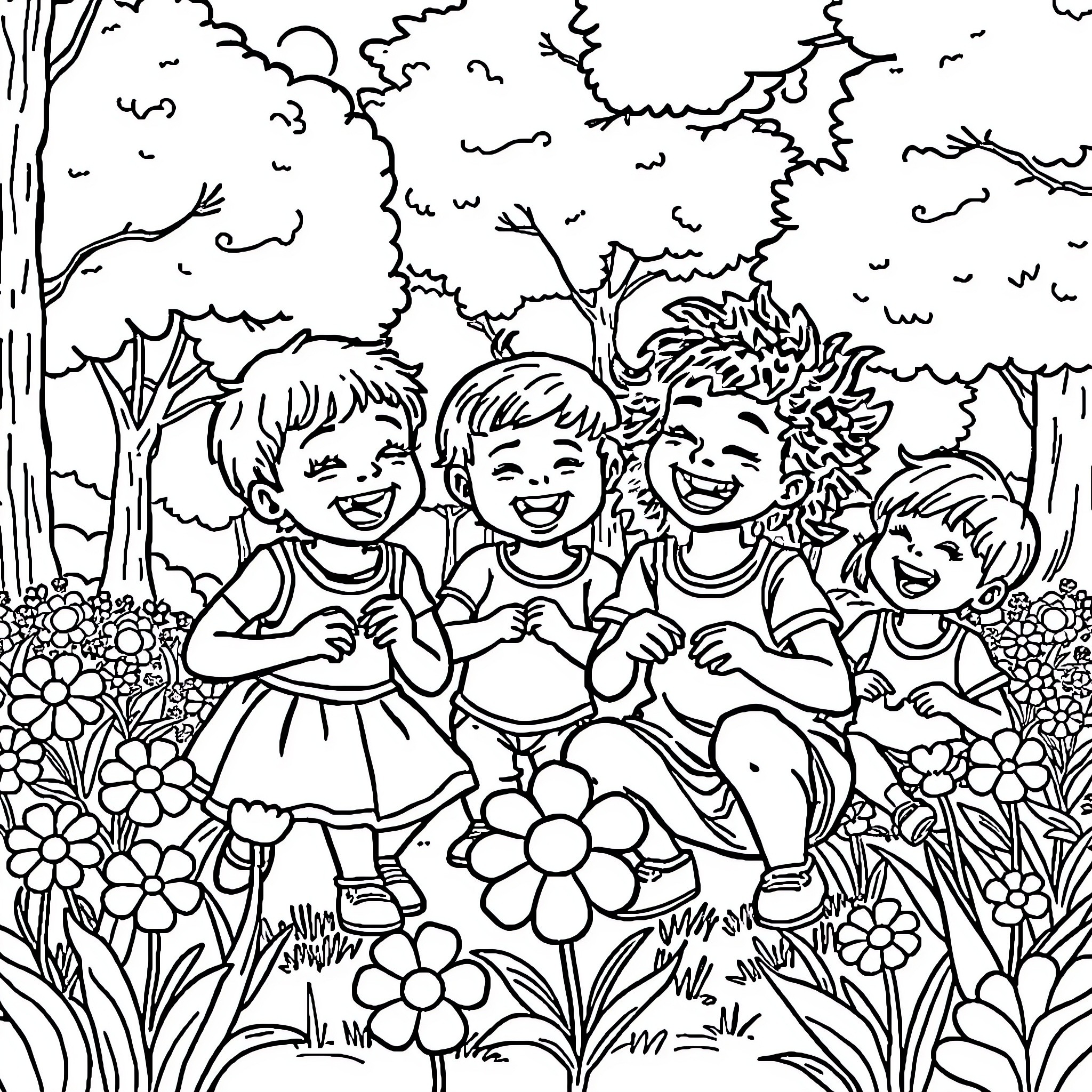 Children playing joyfully in a flower-filled garden Coloring Page (free black-and-white line drawing printable PDF for all, from beginners to advanced learners, including children, teens, adults, and seniors)