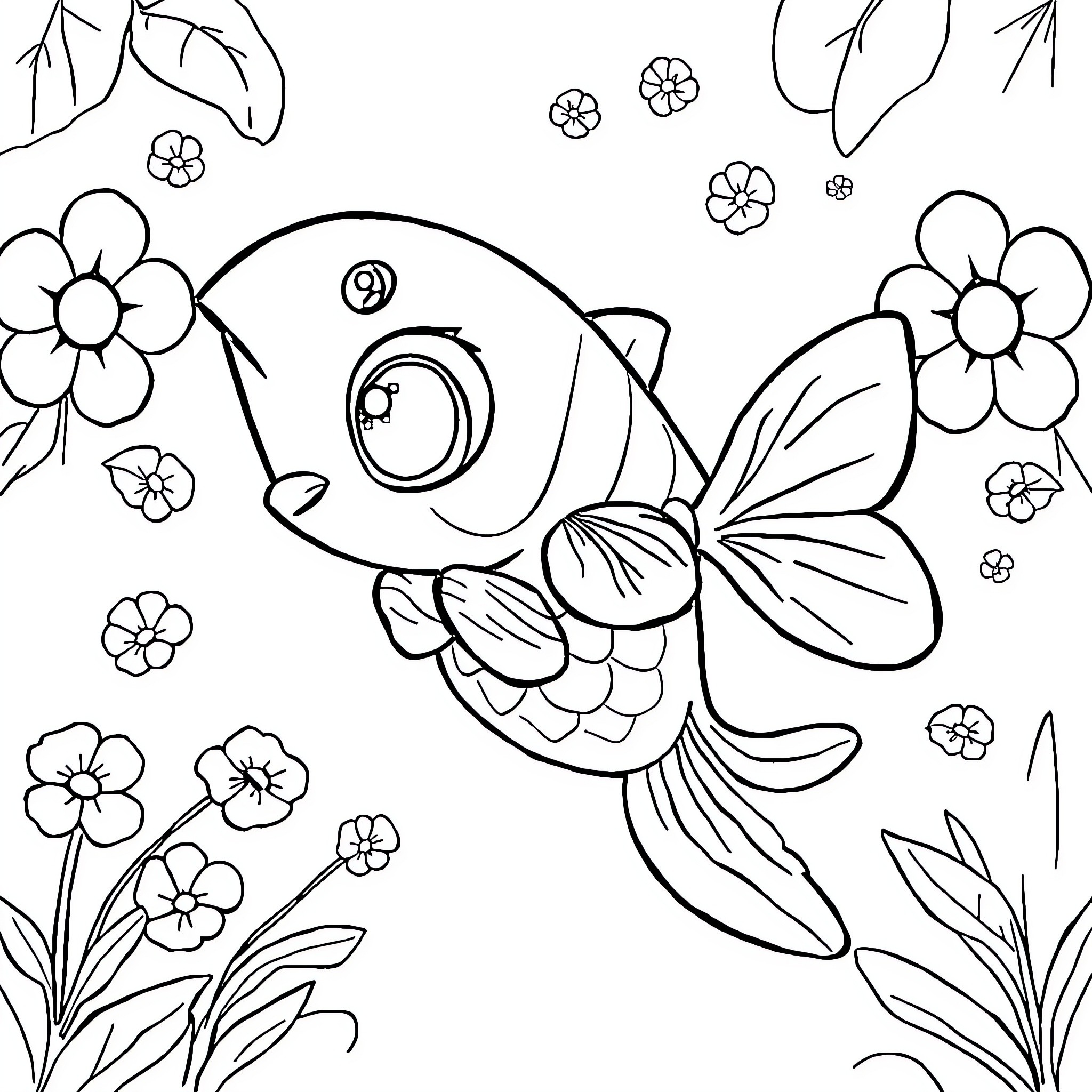 Gamba the Cheerful Fish among Flowers Coloring Page (free black-and-white line drawing printable PDF for all, from beginners to advanced learners, including children, teens, adults, and seniors)