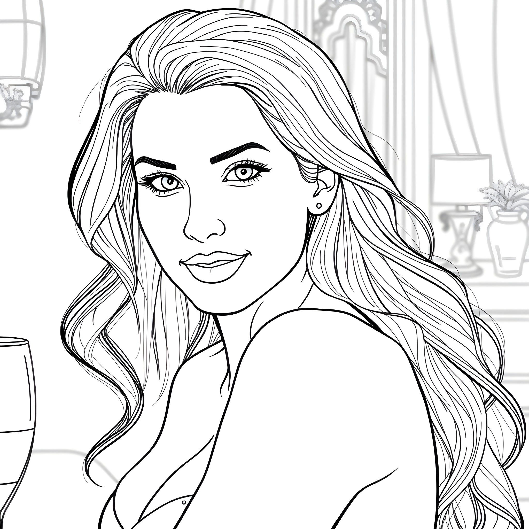 Angela White posing elegantly in a studio setting Coloring Page (free black-and-white line drawing printable PDF for all, from beginners to advanced learners, including children, teens, adults, and seniors)