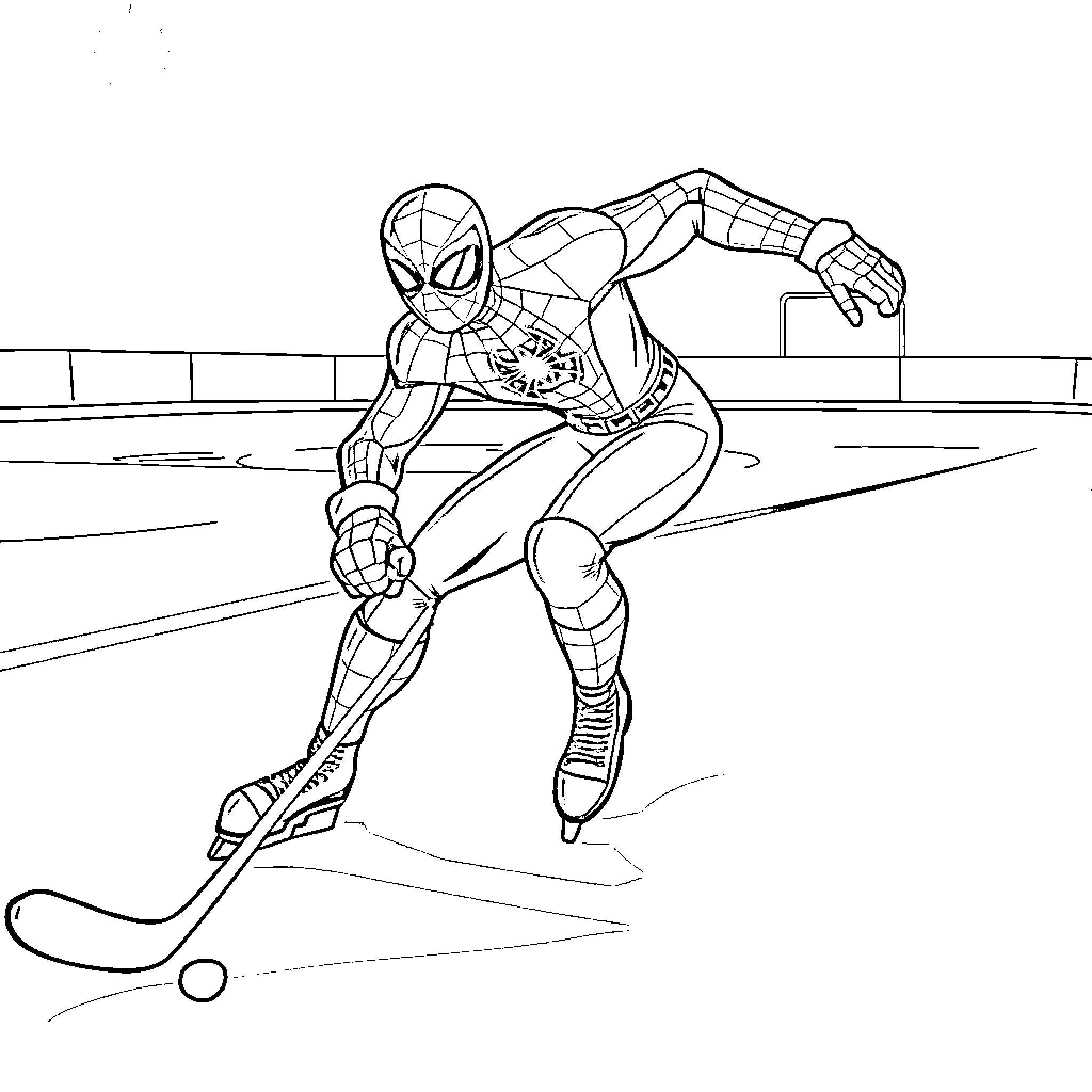 Spider-Man ice skating on the rink Coloring Page (free black-and-white line drawing printable PDF for all, from beginners to advanced learners, including children, teens, adults, and seniors)
