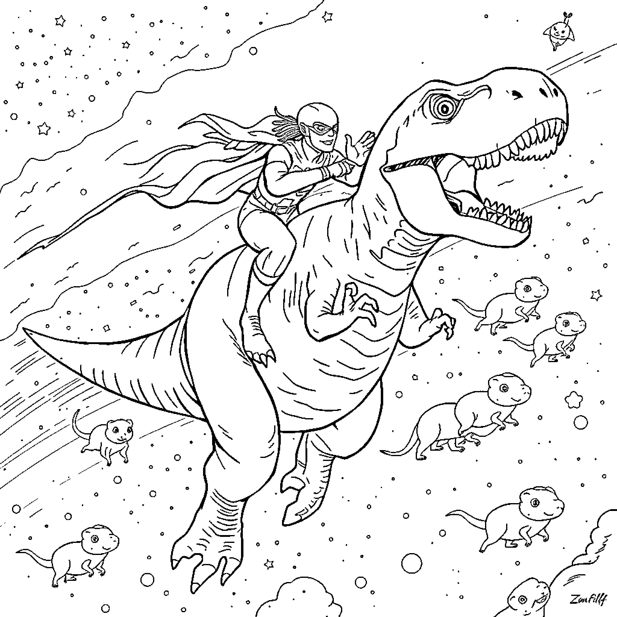 Flash Exploring the Cosmic Dino Realm Coloring Page (free black-and-white line drawing printable PDF for all, from beginners to advanced learners, including children, teens, adults, and seniors)