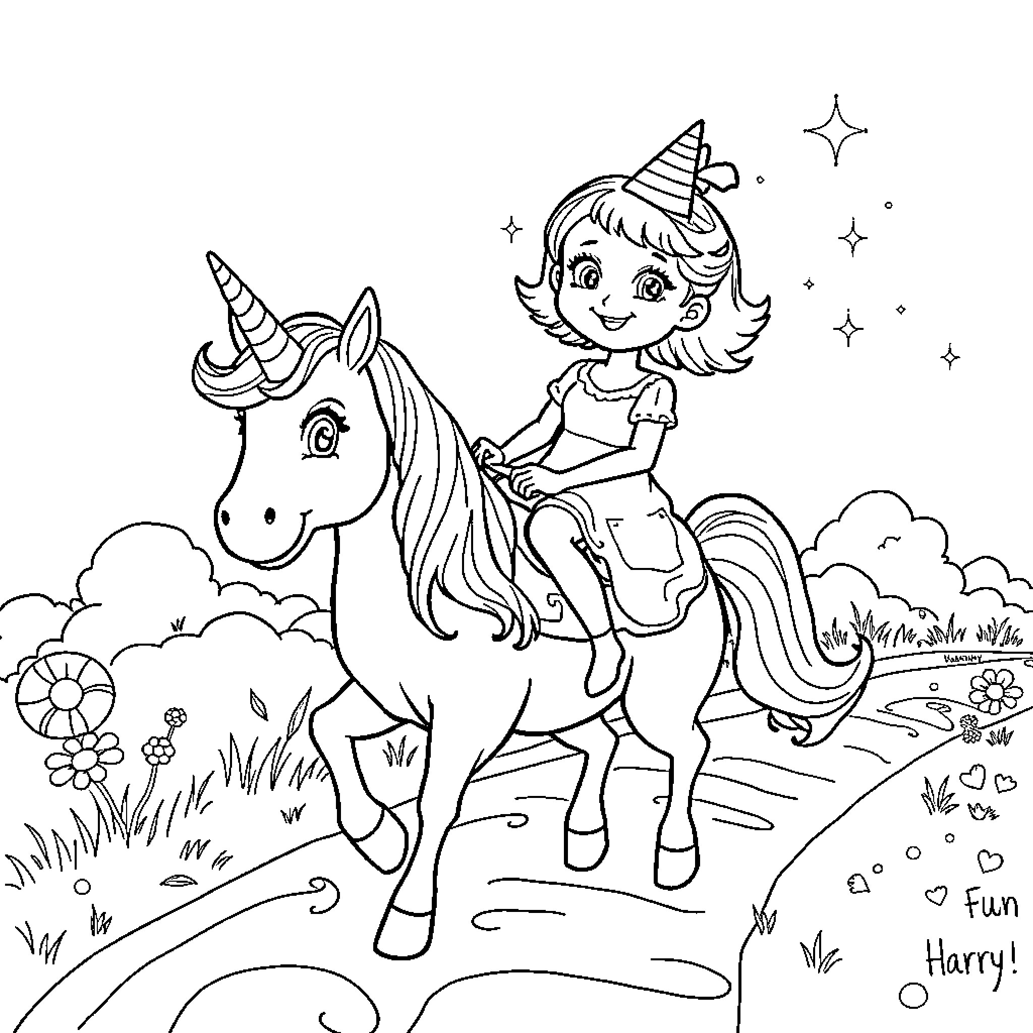 Unicorn Girl Riding a Magical Unicorn in a Whimsical Scene Coloring Page (free black-and-white line drawing printable PDF for all, from beginners to advanced learners, including children, teens, adults, and seniors)