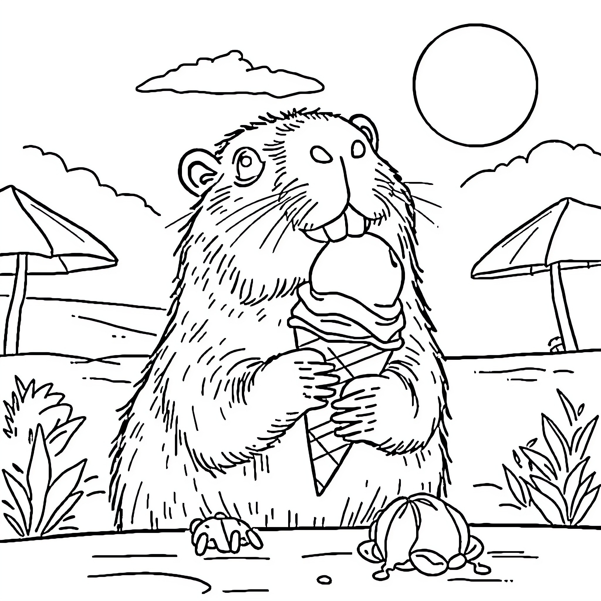 Capybara enjoying a sunny day at the beach Coloring Page (free black-and-white line drawing printable PDF for all, from beginners to advanced learners, including children, teens, adults, and seniors)