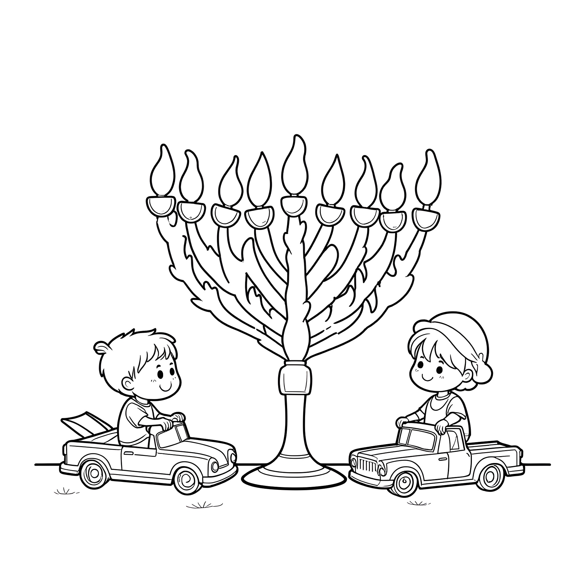 Menorah celebration with kids and toy cars Coloring Page (free black-and-white line drawing printable PDF for all, from beginners to advanced learners, including children, teens, adults, and seniors)