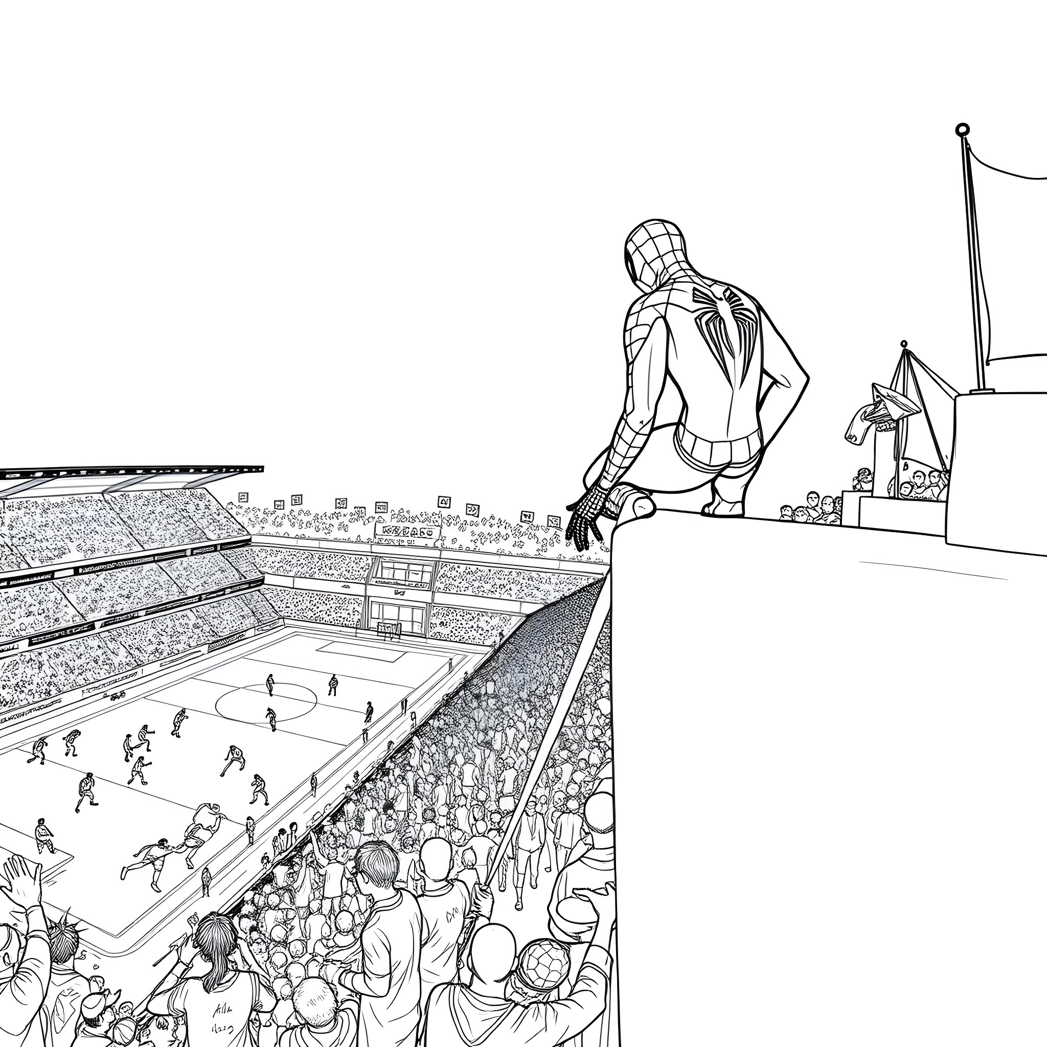 Spiderman overlooking a crowded sports stadium Coloring Page (free black-and-white line drawing printable PDF for all, from beginners to advanced learners, including children, teens, adults, and seniors)