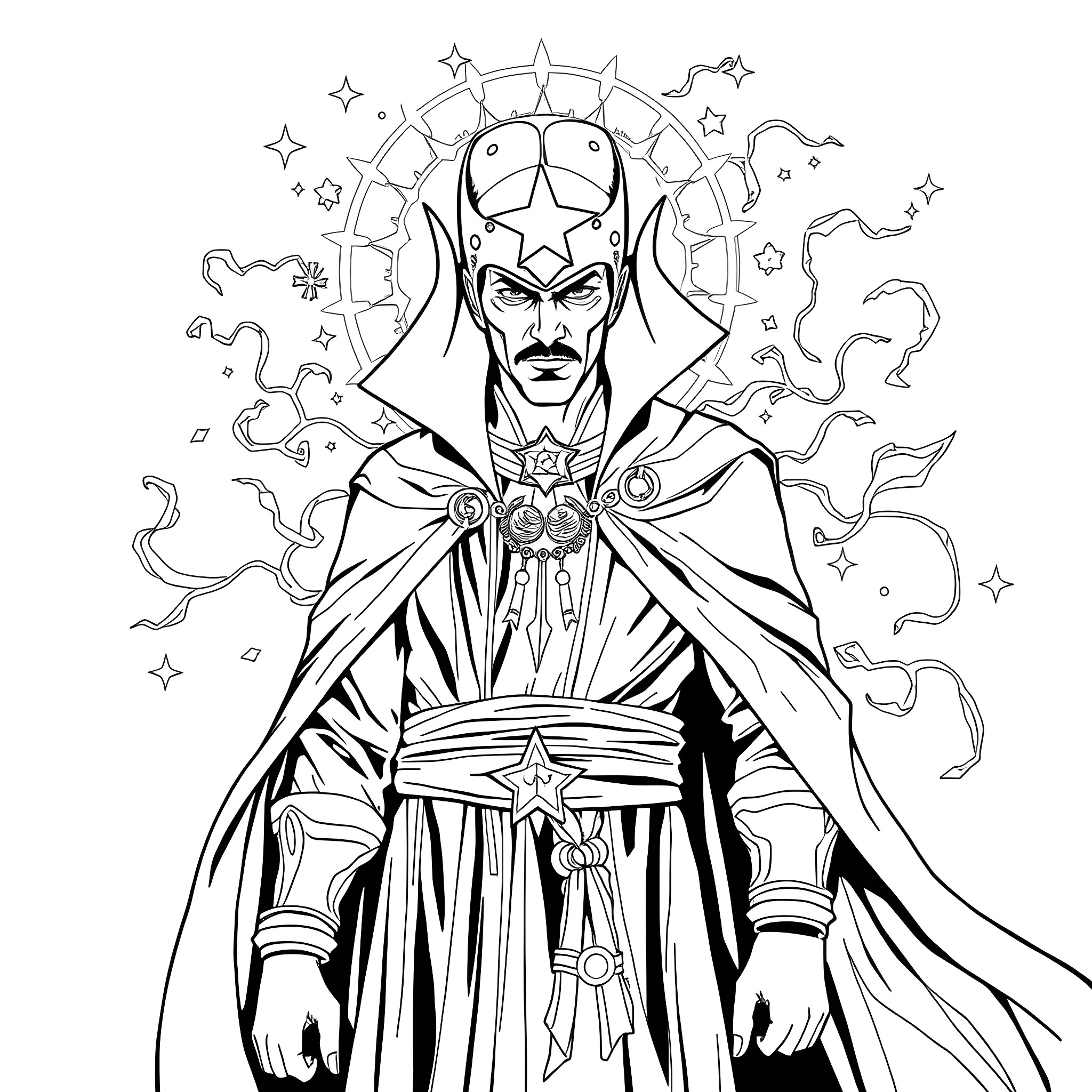 Doctor Strangefate's Mystical Enchantments Coloring Page (free black-and-white line drawing printable PDF for all, from beginners to advanced learners, including children, teens, adults, and seniors)