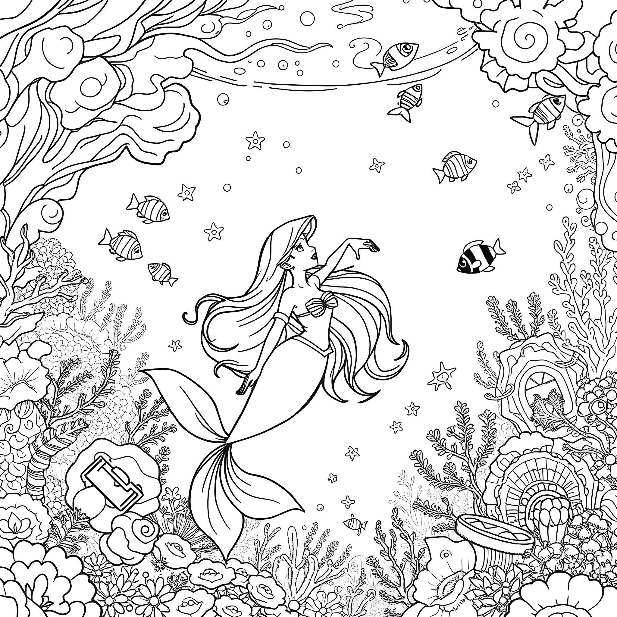 Ariel's Underwater Adventure with Marine Life Coloring Page (free black-and-white line drawing printable PDF for all, from beginners to advanced learners, including children, teens, adults, and seniors)