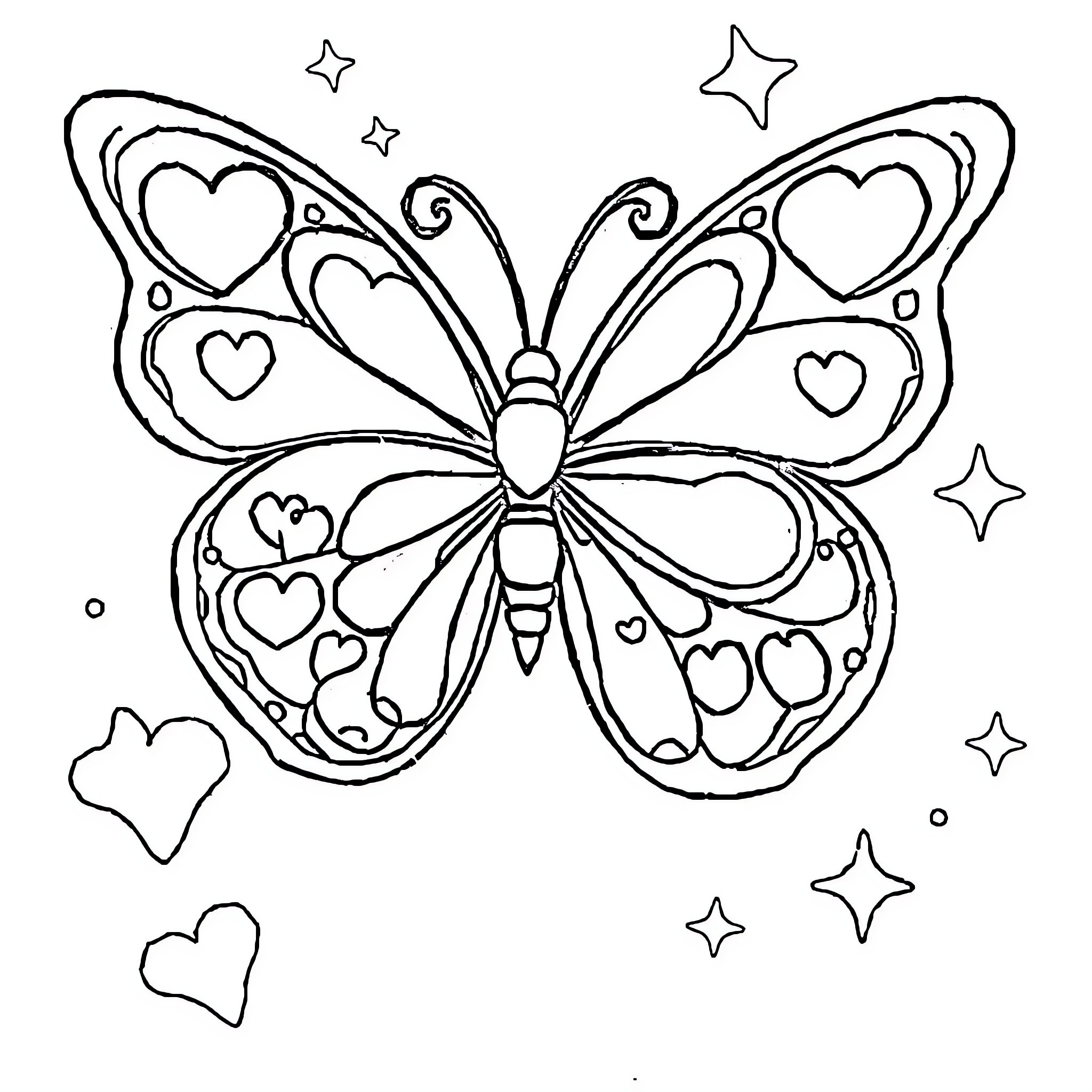 Butterfly with Whimsical Heart Patterns Coloring Page (free black-and-white line drawing printable PDF for all, from beginners to advanced learners, including children, teens, adults, and seniors)