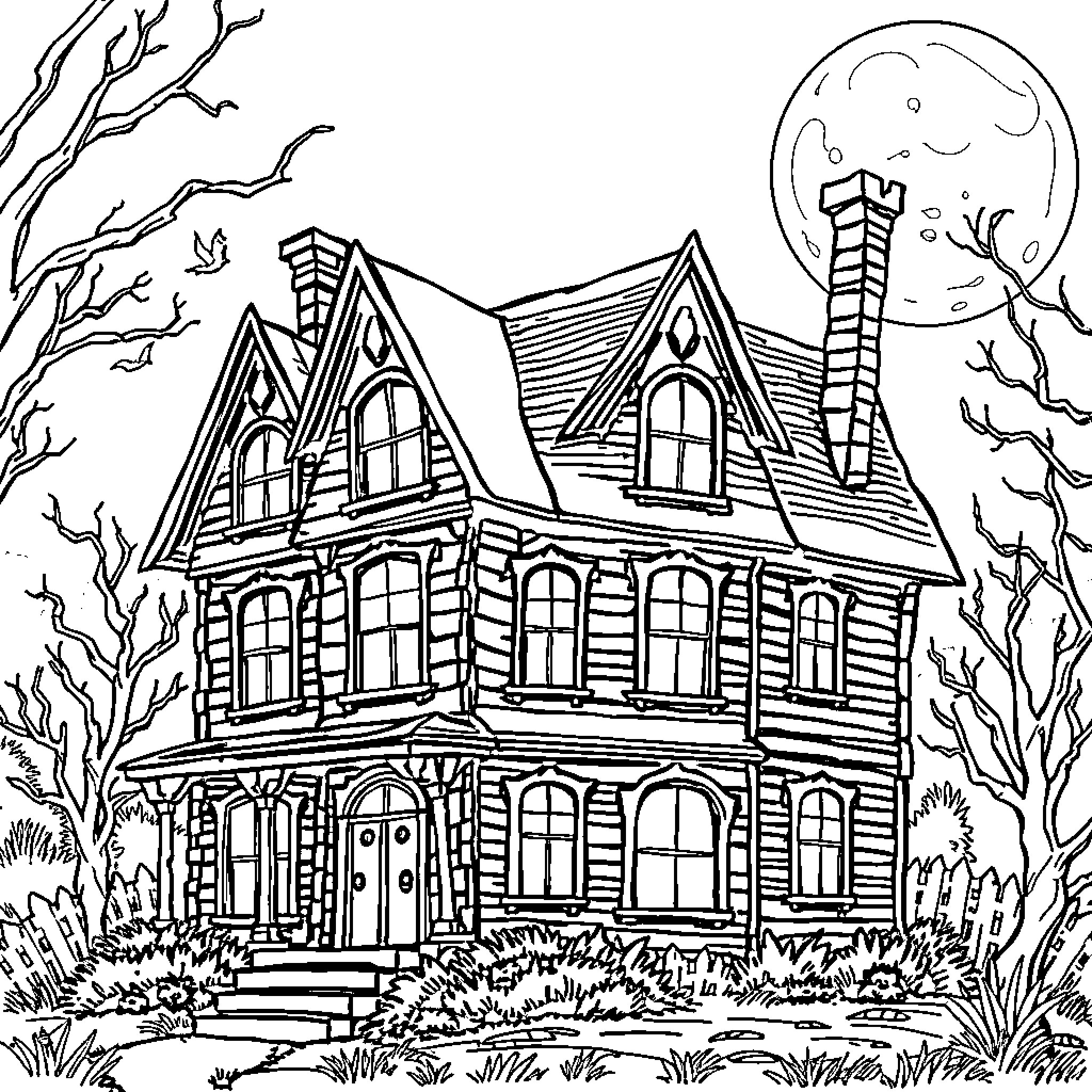 Haunted House with Intricate Architecture and Eerie Atmosphere Coloring Page (free black-and-white line drawing printable PDF for all, from beginners to advanced learners, including children, teens, adults, and seniors)