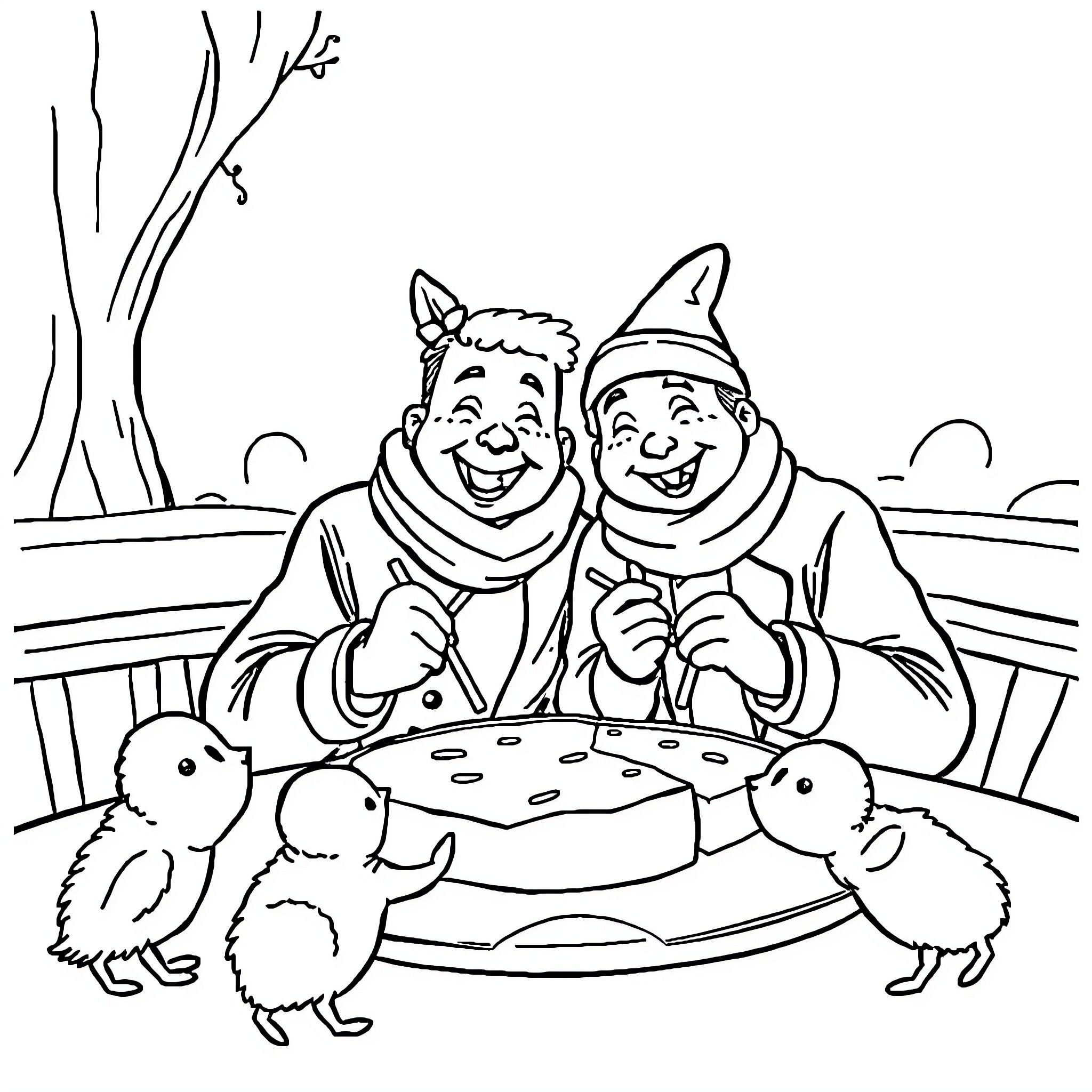 Pomeranian friends enjoying a cozy picnic Coloring Page (free black-and-white line drawing printable PDF for all, from beginners to advanced learners, including children, teens, adults, and seniors)