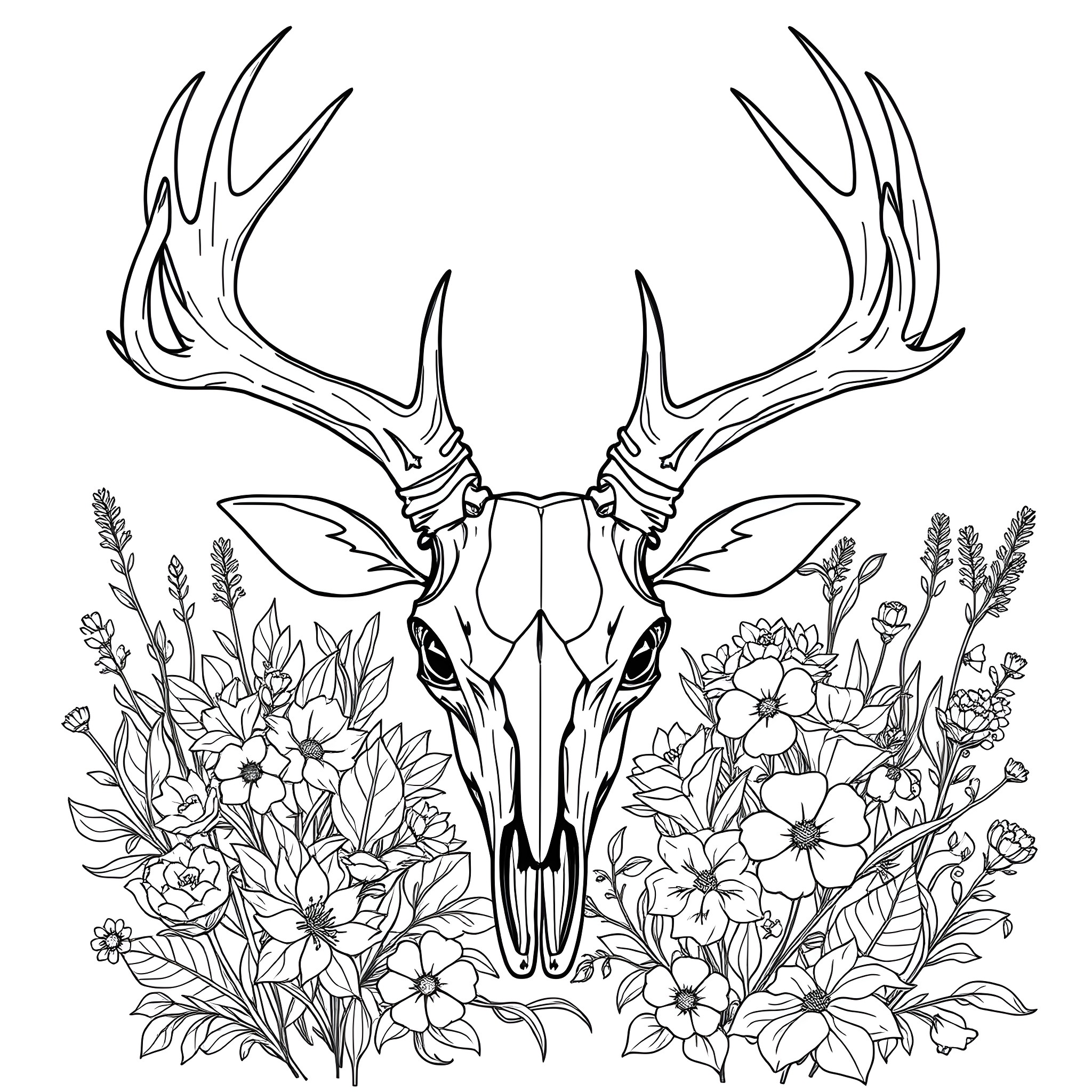 Deer Skull surrounded by floral arrangement Coloring Page (free black-and-white line drawing printable PDF for all, from beginners to advanced learners, including children, teens, adults, and seniors)