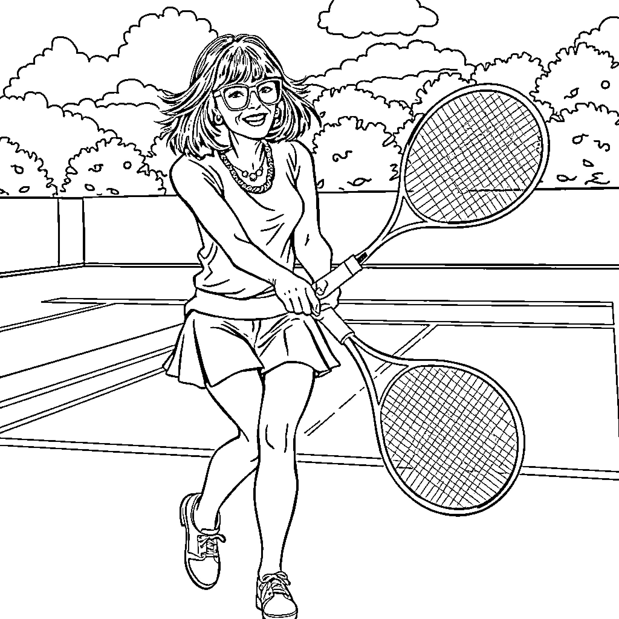 Anna Wintour Playing Tennis on the Court Coloring Page (free black-and-white line drawing printable PDF for all, from beginners to advanced learners, including children, teens, adults, and seniors)