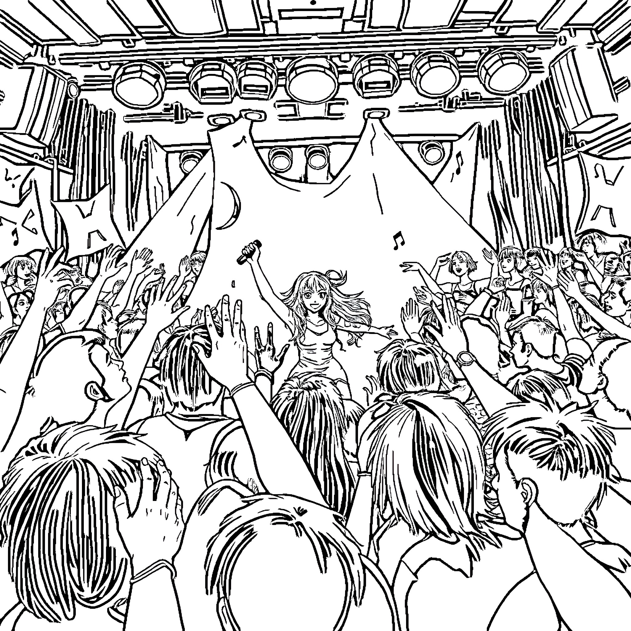 Band performing on stage with energetic crowd Coloring Page (free black-and-white line drawing printable PDF for all, from beginners to advanced learners, including children, teens, adults, and seniors)