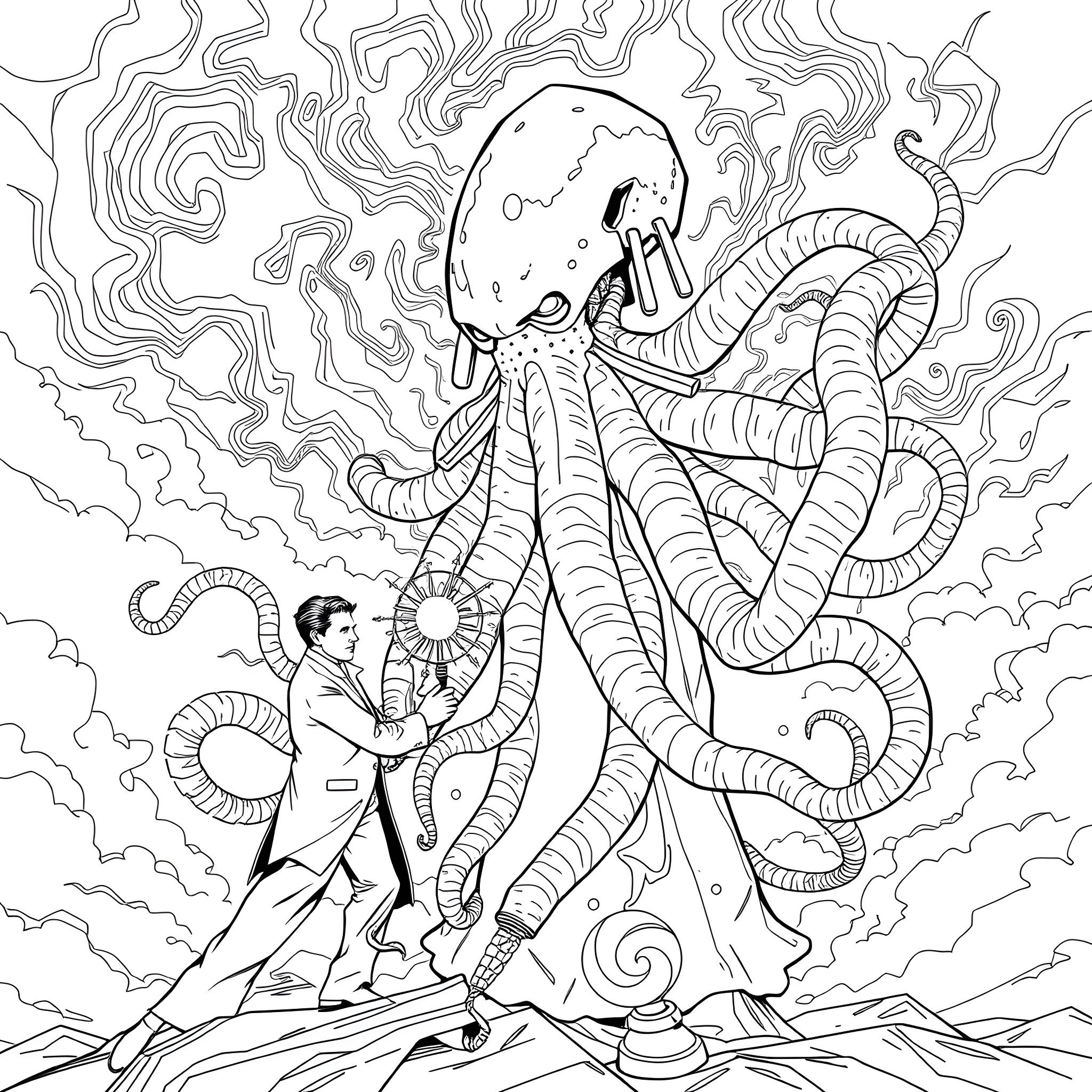 Tesla's Battle with the Cosmic Squid Coloring Page (free black-and-white line drawing printable PDF for all, from beginners to advanced learners, including children, teens, adults, and seniors)