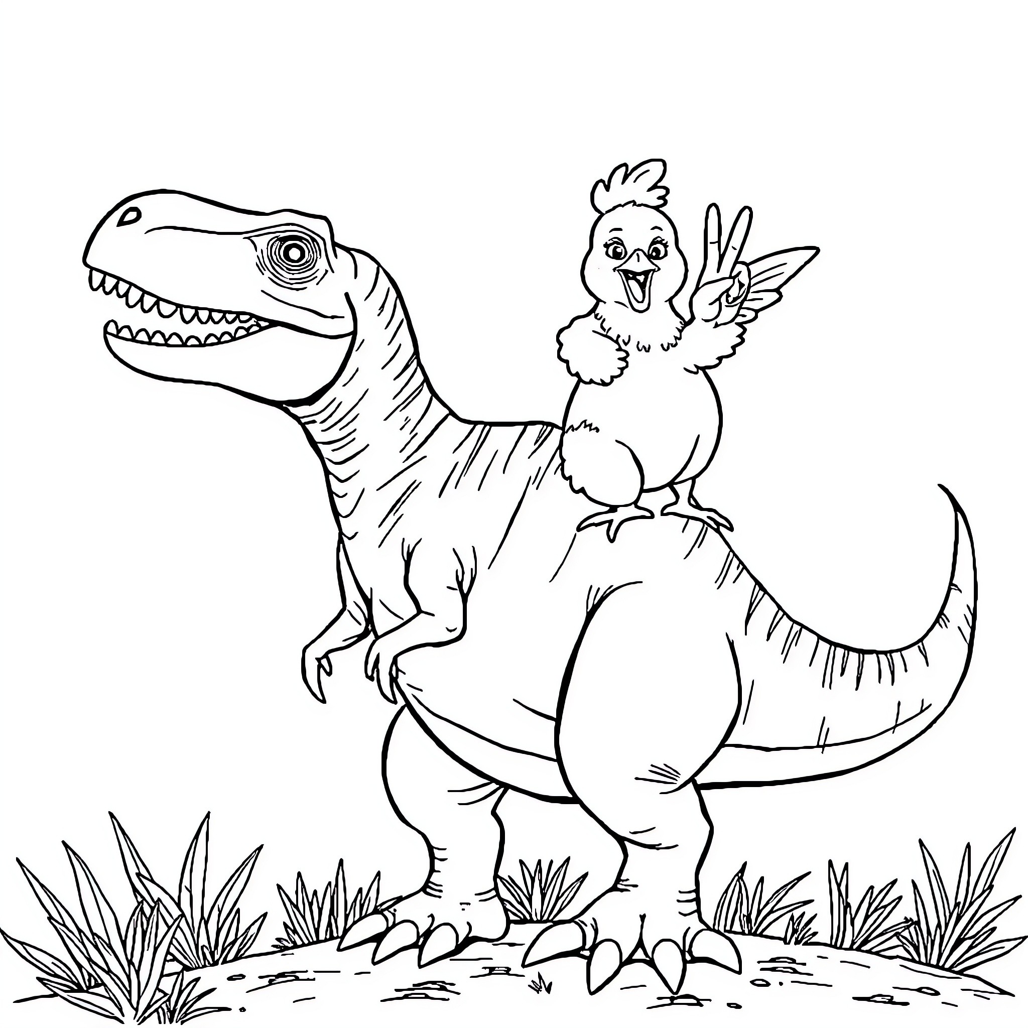 Chicken riding a playful dinosaur in the wild Coloring Page (free black-and-white line drawing printable PDF for all, from beginners to advanced learners, including children, teens, adults, and seniors)